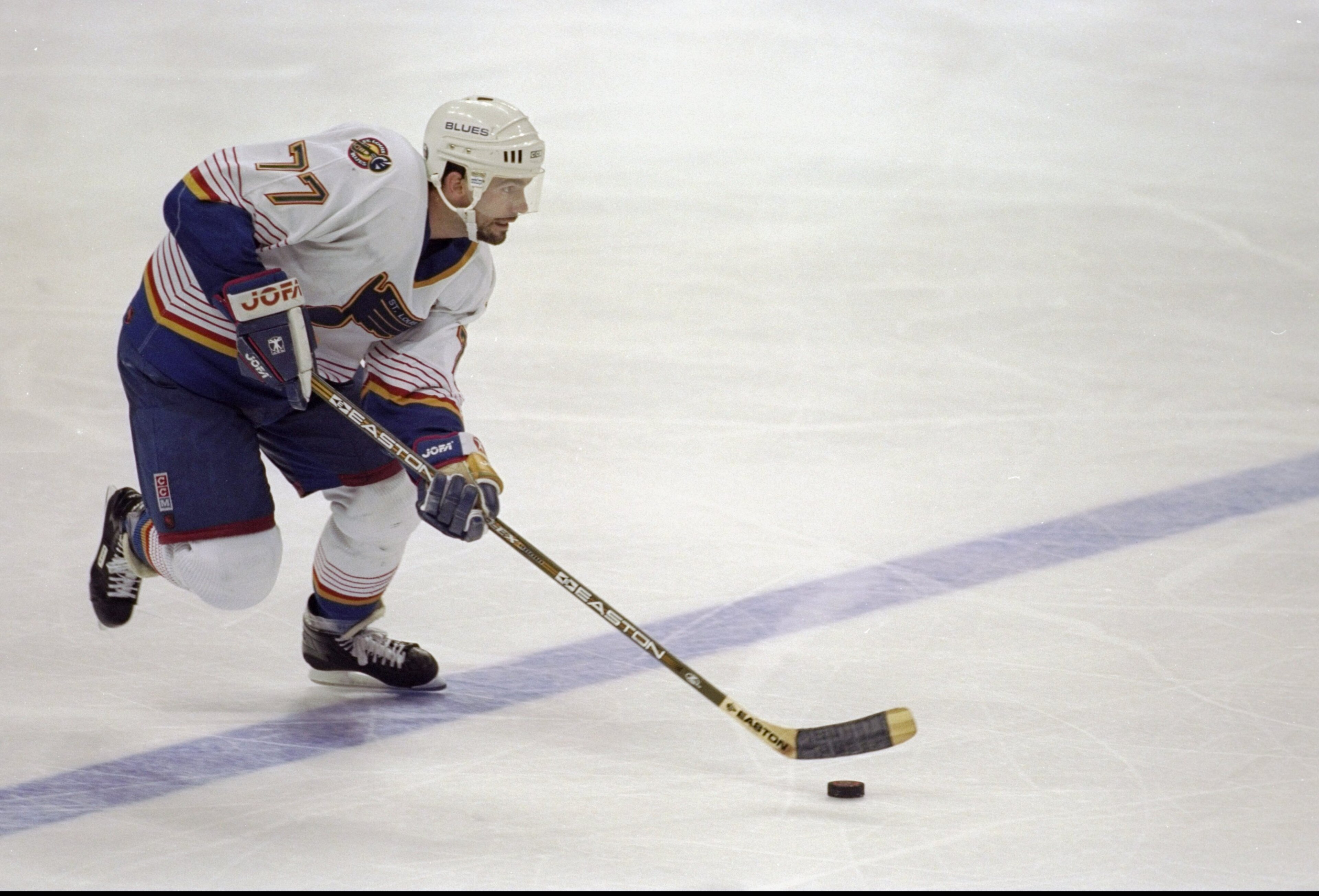 19 May 1998:  Pierre Turgeon #77 of the St. Louis Blues in action during a Western Conference Semi-Final playoff game against the Detroit Red Wings at the Kiel Center in St. Louis, Missouri. The Red Wings defeated the Blues 6-1. Mandatory Credit: Elsa Has