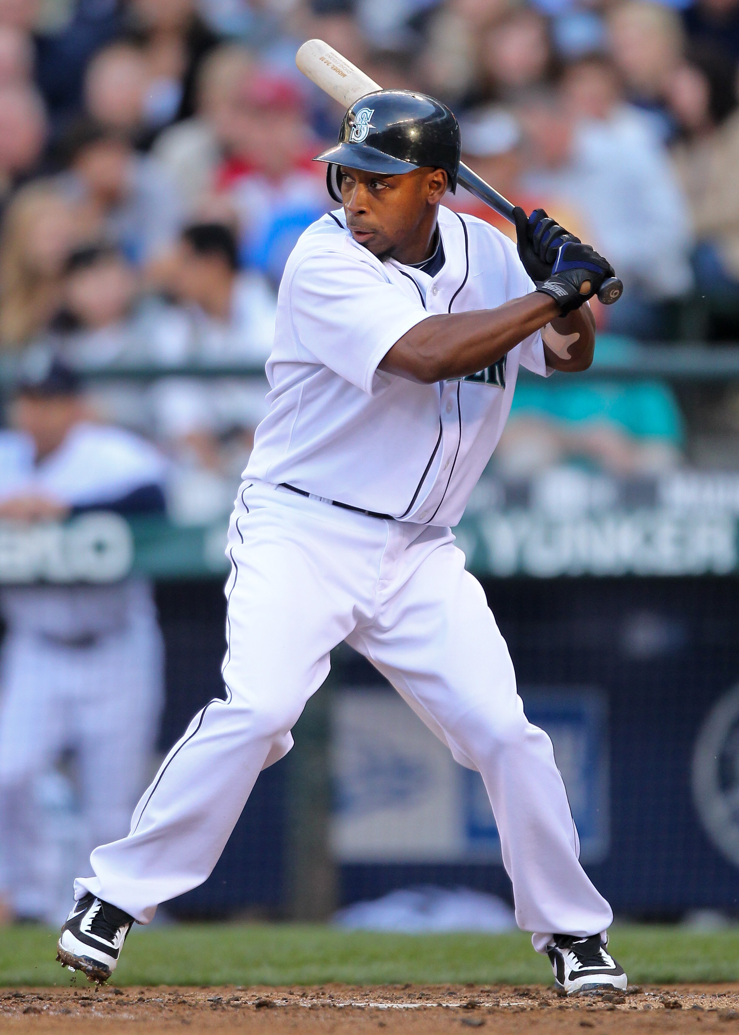 SEATTLE - JULY 22: Chone Figgins #9 of the Seattle Mariners bats against the Boston Red Sox at Safeco Field on July 22, 2010 in Seattle, Washington. (Photo by Otto Greule Jr/Getty Images)