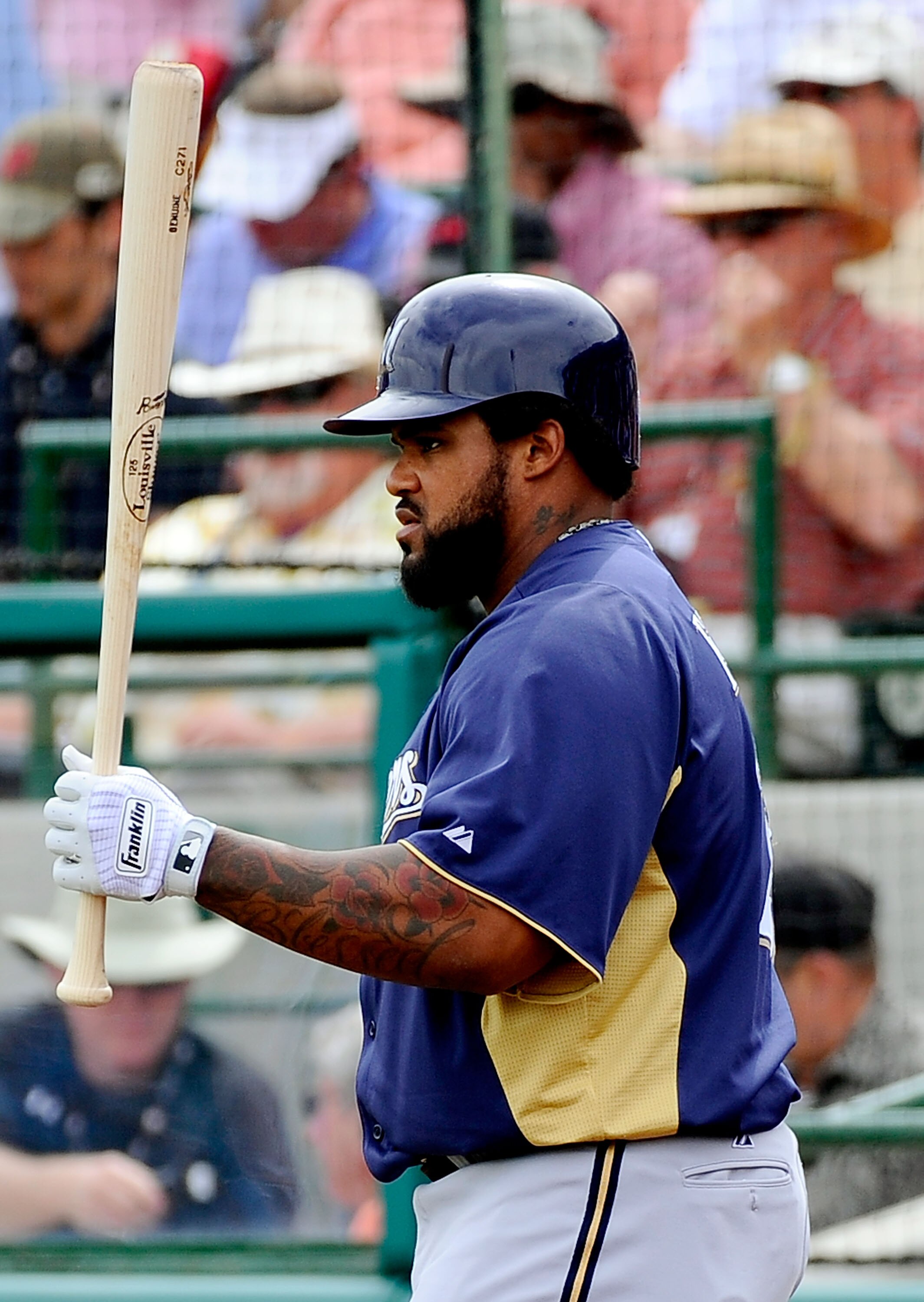 SCOTTSDALE, AZ - MARCH 14:  Prince Fielder#28 of the Milwaukee Brewers prepares to bat against the San Francisco Giants during the spring training baseball game at Scottsdale Stadium on March 14, 2011 in Scottsdale, Arizona.  (Photo by Kevork Djansezian/G