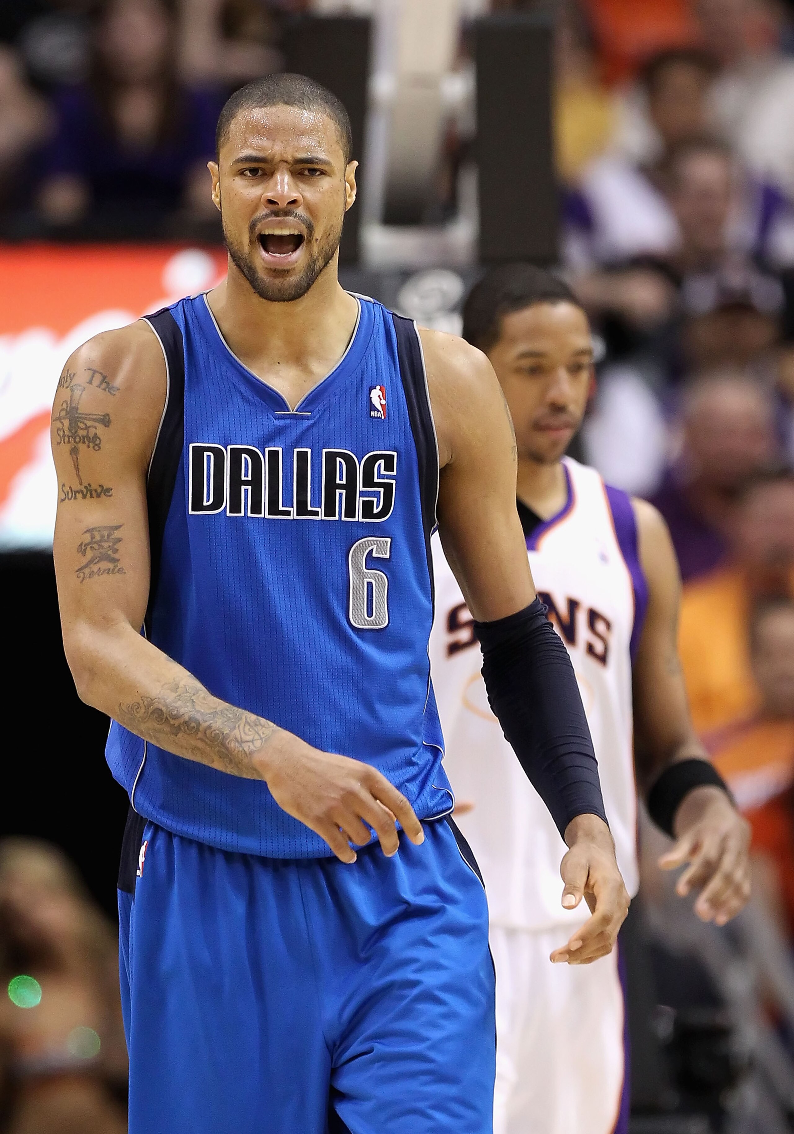 PHOENIX, AZ - MARCH 27:  Tyson Chandler #6 of the Dallas Mavericks reacts during the NBA game against the Phoenix Suns at US Airways Center on March 27, 2011 in Phoenix, Arizona.  The Mavericks defeated the Suns 91-83.  NOTE TO USER: User expressly acknow