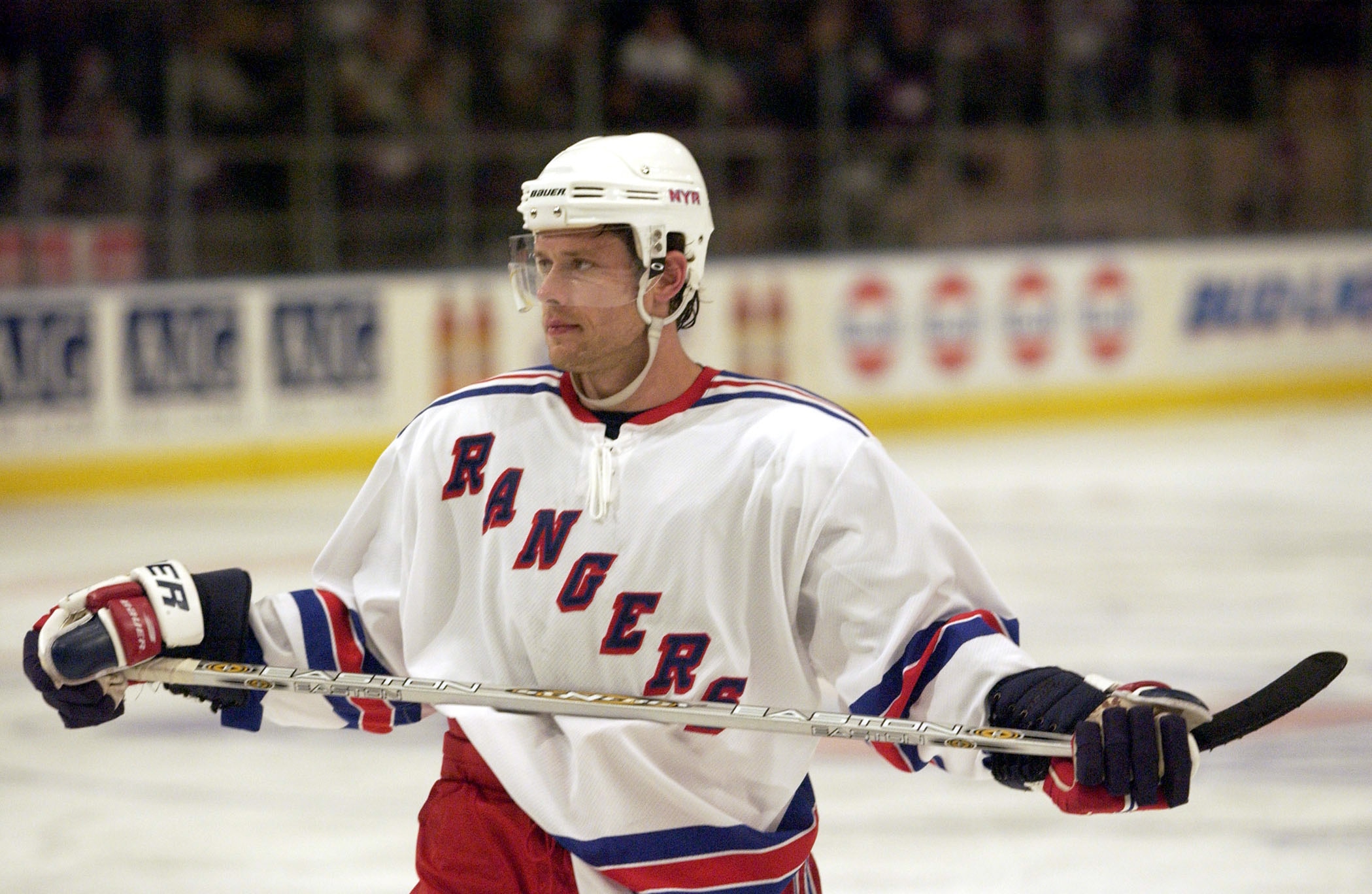 19 Mar 2002:  Pavel Bure #9 during a break in the action while making his debut as a member of the New York Rangers against the Vancouver Canucks at Madison Square Garden in New York, New York.     DIGITAL IMAGE Mandatory Credit: M. David Leeds/Getty Imag