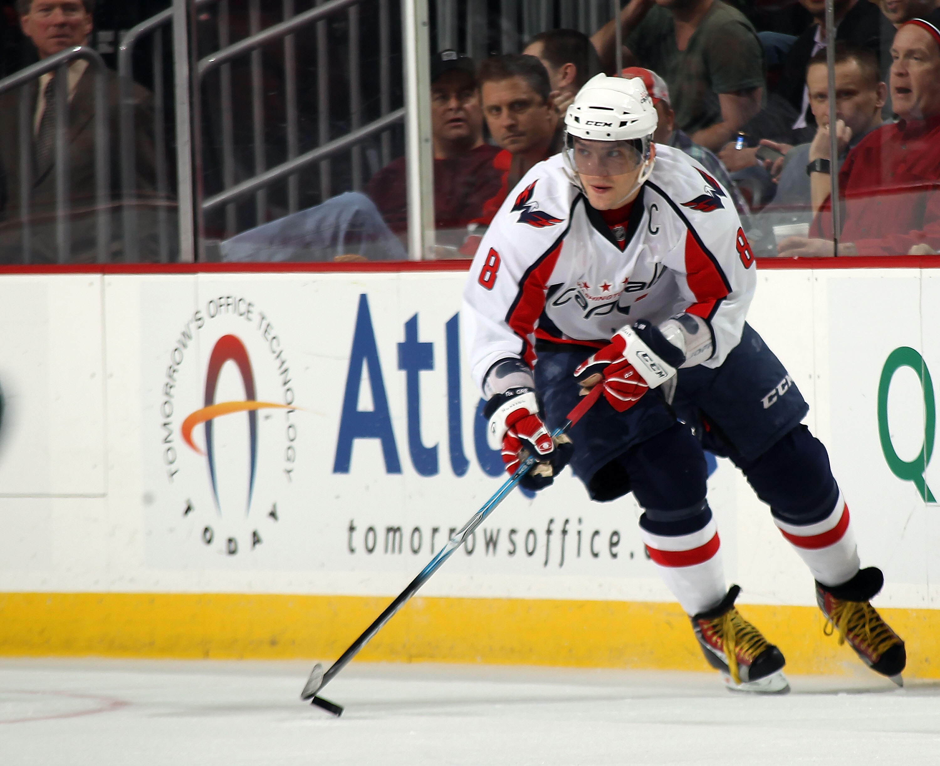 NEWARK, NJ - MARCH 18:  Alex Ovechkin #8 of the Washington Capitals skates against the New Jersey Devils at the Prudential Center on March 18, 2011 in Newark, New Jersey. The Capitals shut out the Devils 3-0.  (Photo by Bruce Bennett/Getty Images)