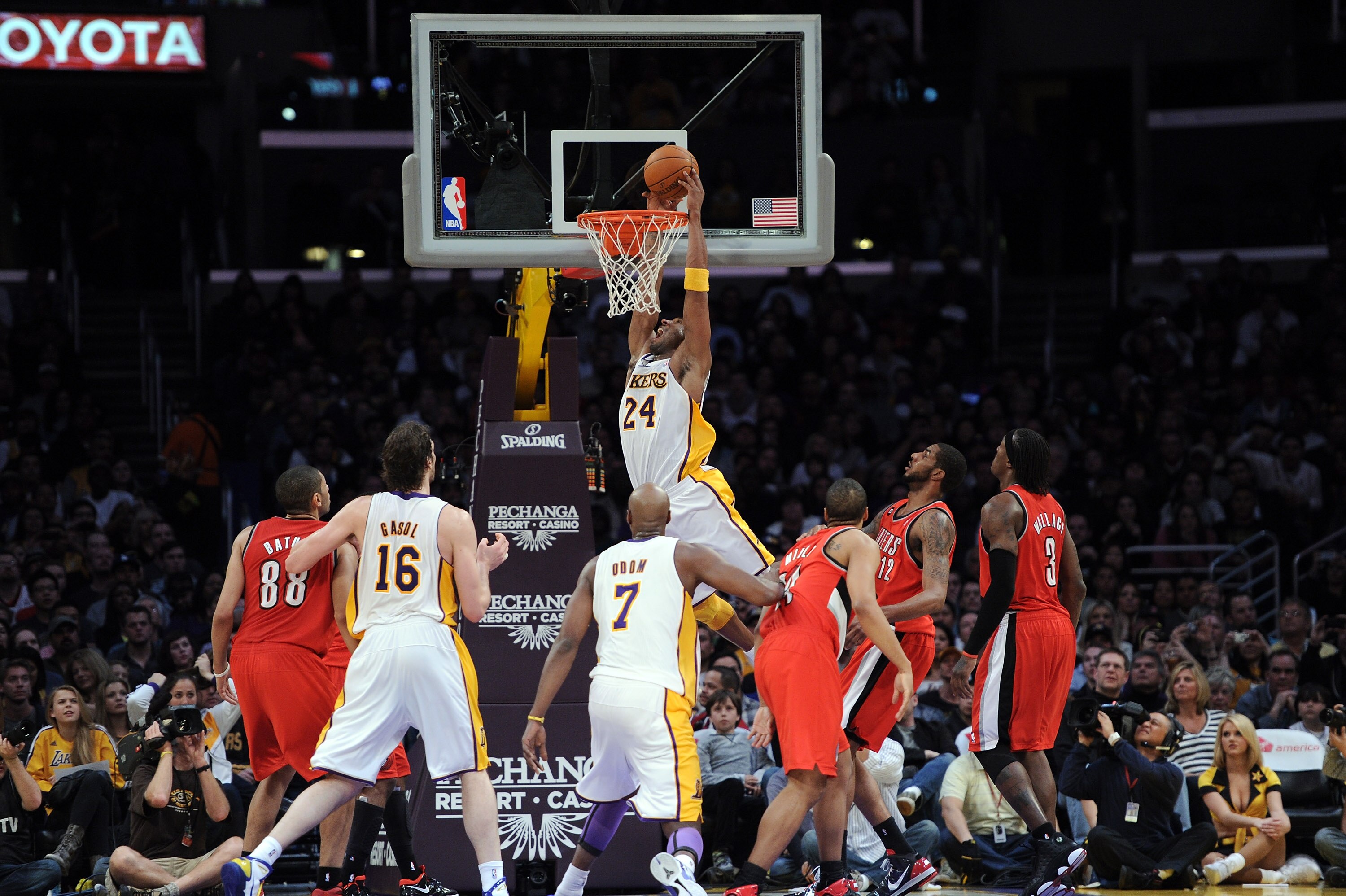 LOS ANGELES, CA - MARCH 20:  Kobe Bryant #24 of the Los Angeles Lakers goes in for a layup against the Portland Trail Blazers at the Staples Center on March 20, 2011 in Los Angeles, California.  NOTE TO USER: User expressly acknowledges and agrees that, b