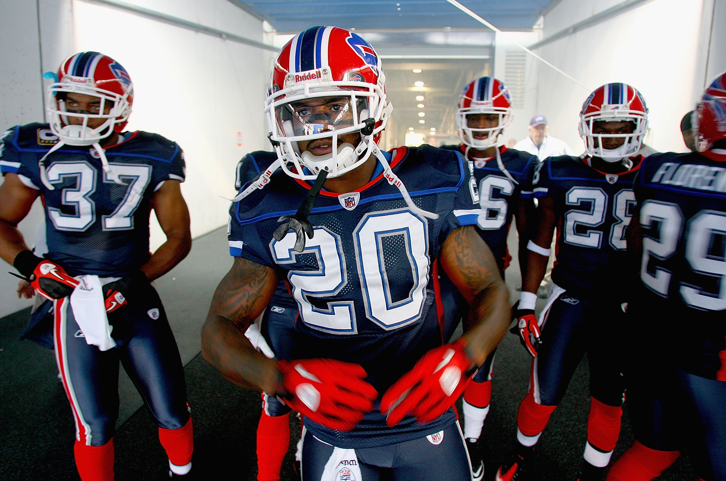 ORCHARD PARK, NY - SEPTEMBER 12: Donte Whitner #20 the Buffalo Bills waits with teammates to enter the field against the Miami Dolphins during the NFL season opener at Ralph Wilson Stadium on September 12, 2010 in Orchard Park, New York. Miami 15-10. (Pho