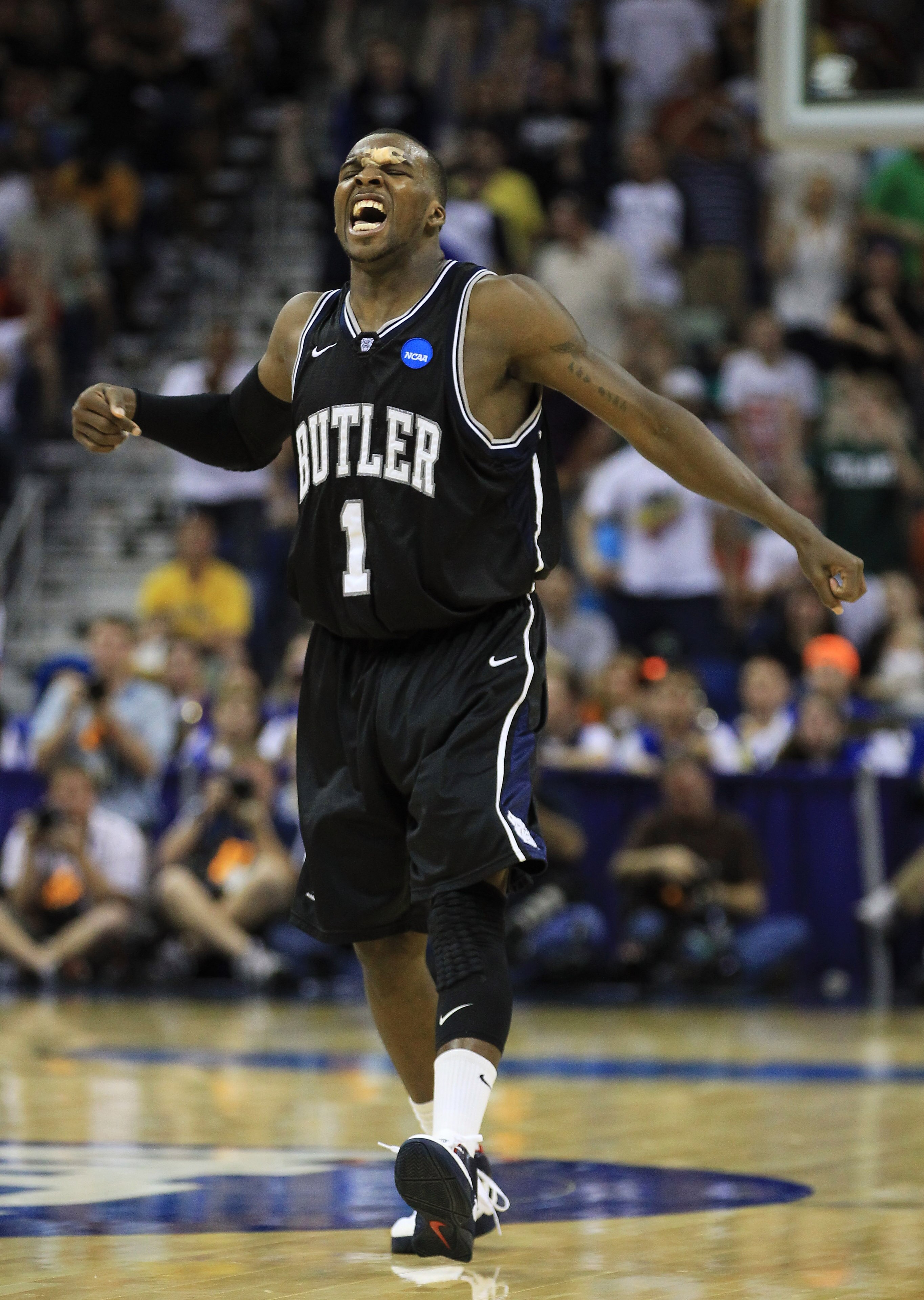 NEW ORLEANS, LA - MARCH 26:  Shelvin Mack #1 of the Butler Bulldogs reacts during their game against the Florida Gators in overtime of the Southeast regional final of the 2011 NCAA men's basketball tournament at New Orleans Arena on March 26, 2011 in New