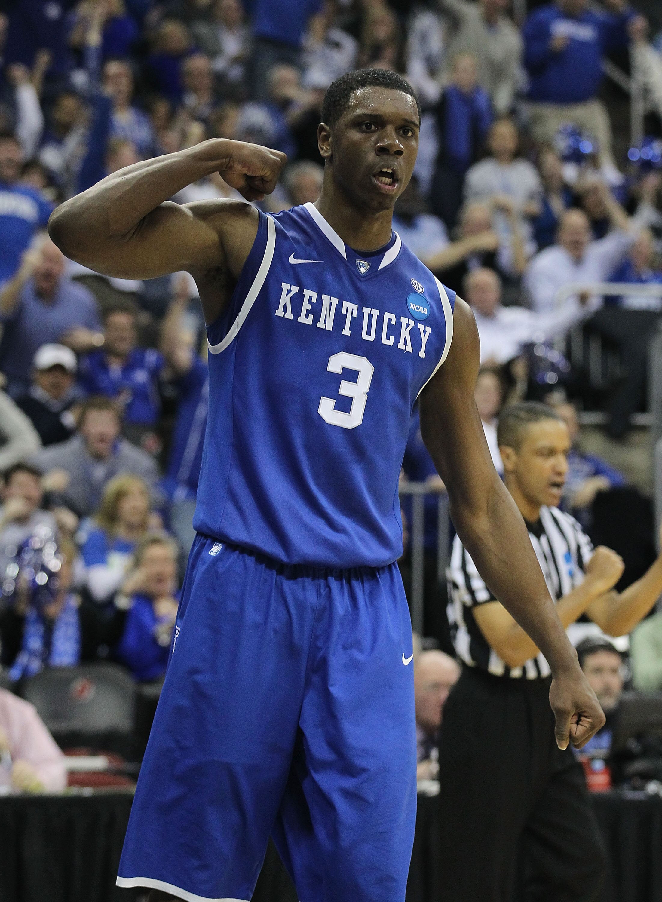NEWARK, NJ - MARCH 27:  Terrence Jones #3 of the Kentucky Wildcats celebrates after a point against the North Carolina Tar Heels during the first half of the east regional final of the 2011 NCAA men's basketball tournament at Prudential Center on March 27