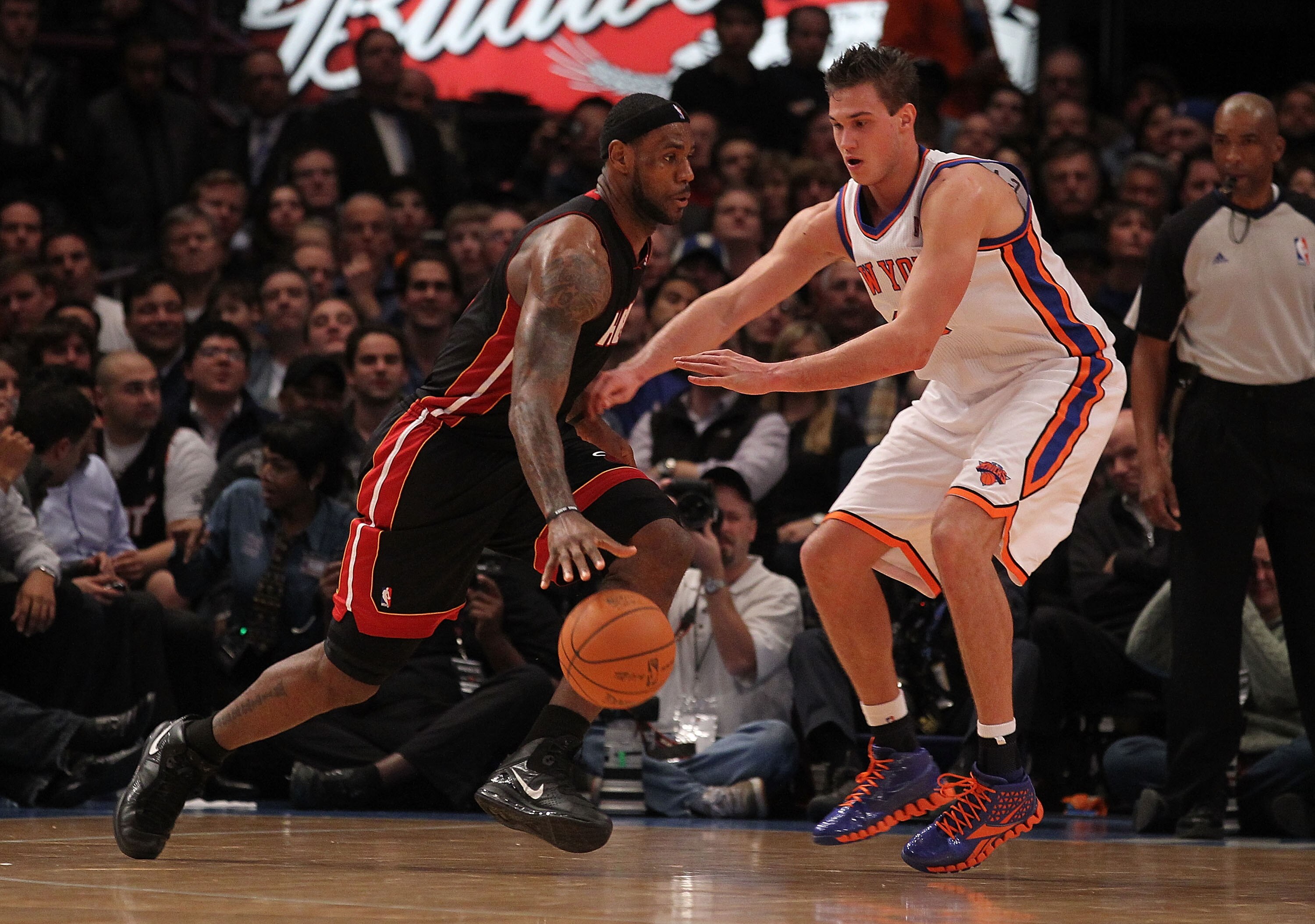 NEW YORK - DECEMBER 17:  Danilo Gallinari #8 of the New York Knicks guards LeBron James #6 of the Miami Heat at Madison Square Garden on December 17, 2010 in New York, New York.  (Photo by Al Bello/Getty Images)