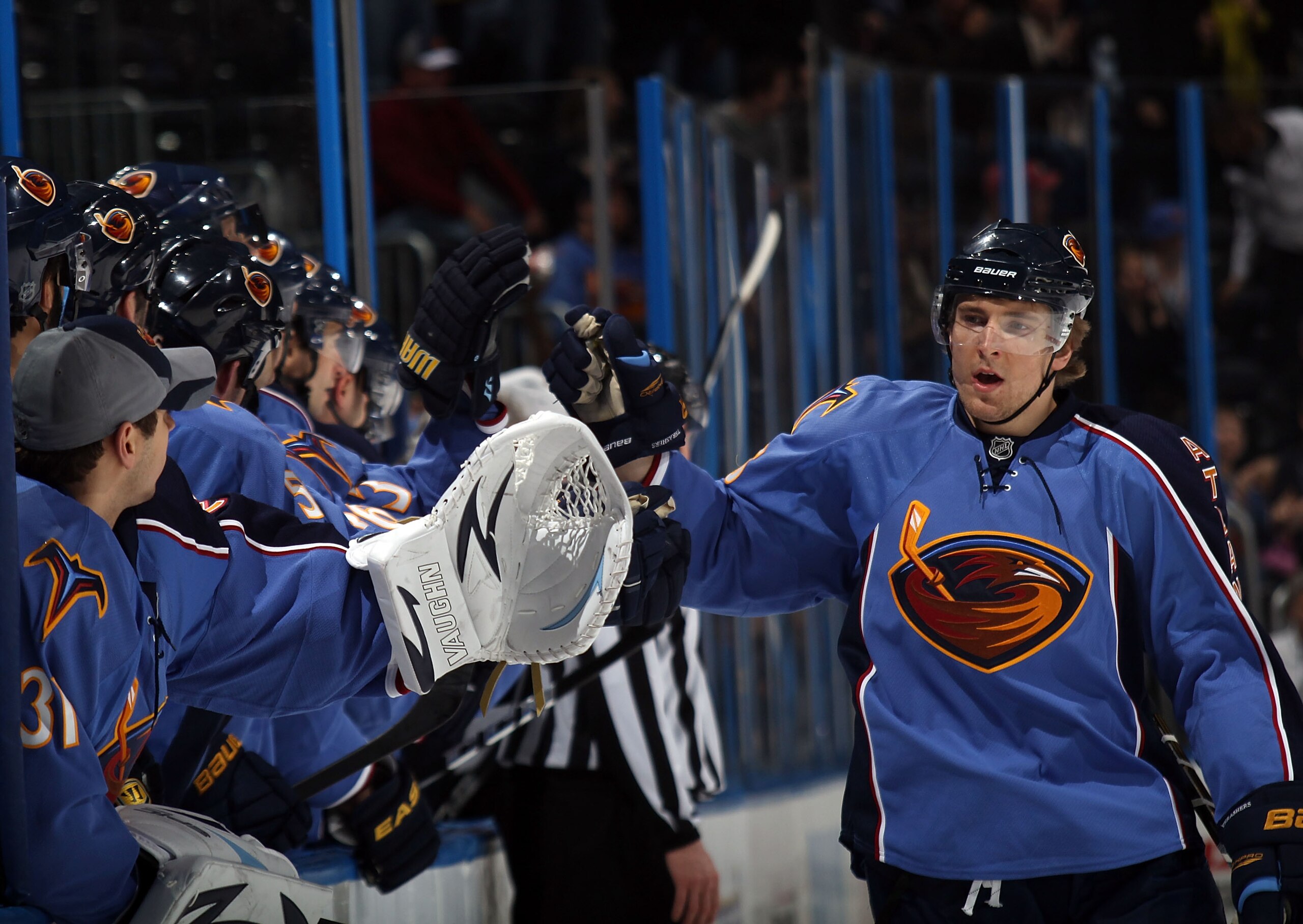 ATLANTA, GA - MARCH 27: Blake Wheeler #26 of the Atlanta Thrashers celebrates his goal at 4:02 of the first period against the Ottawa Senators at the Philips Arena on March 27, 2011 in Atlanta, Georgia.  (Photo by Bruce Bennett/Getty Images)