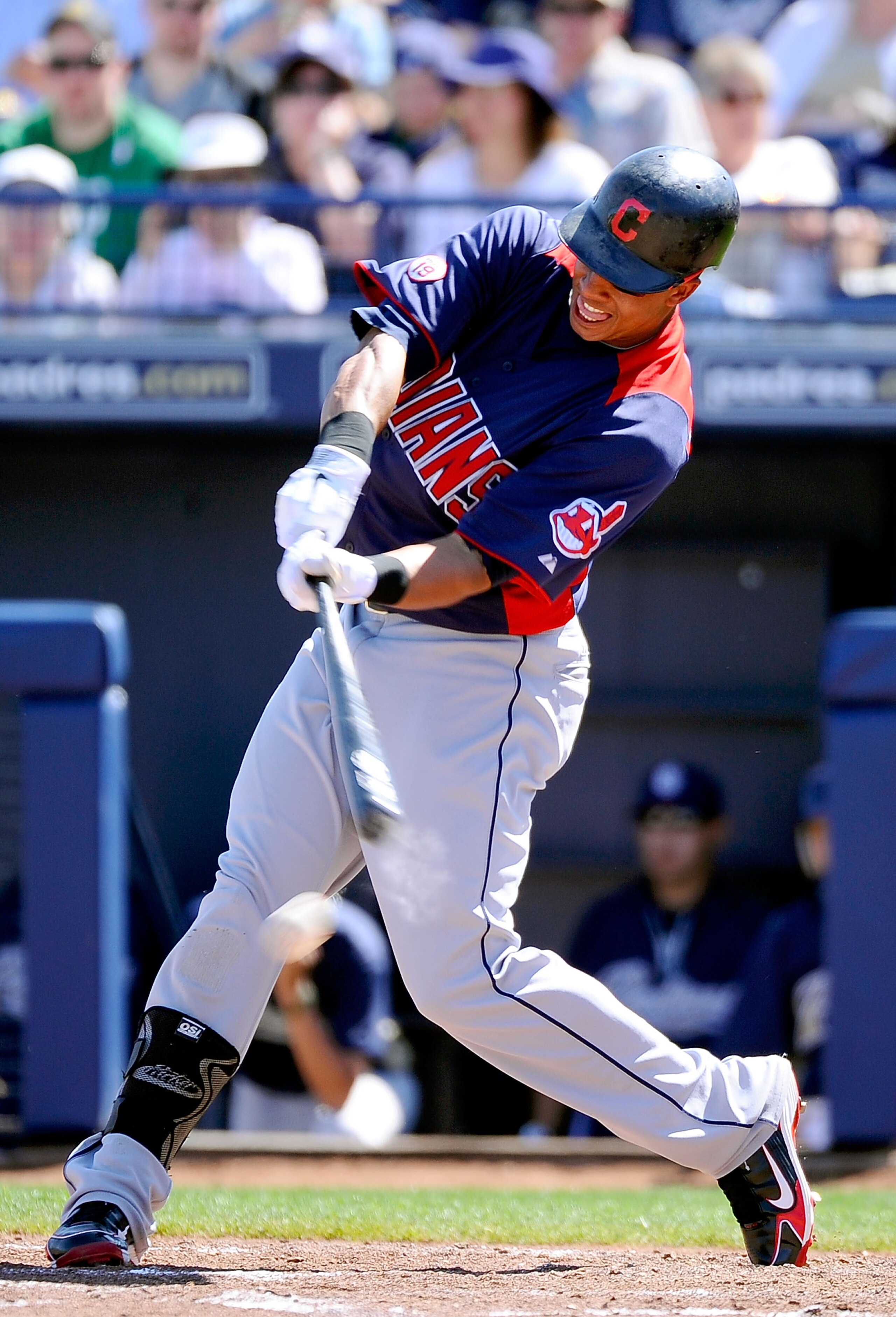 PEORIA, AZ - MARCH 13:  Michael Brantley #23 of the Cleveland Indians at bat against the San Diego Padres during the spring training baseball game at Peoria Stadium on March 13, 2011 in Peoria, Arizona.  (Photo by Kevork Djansezian/Getty Images)