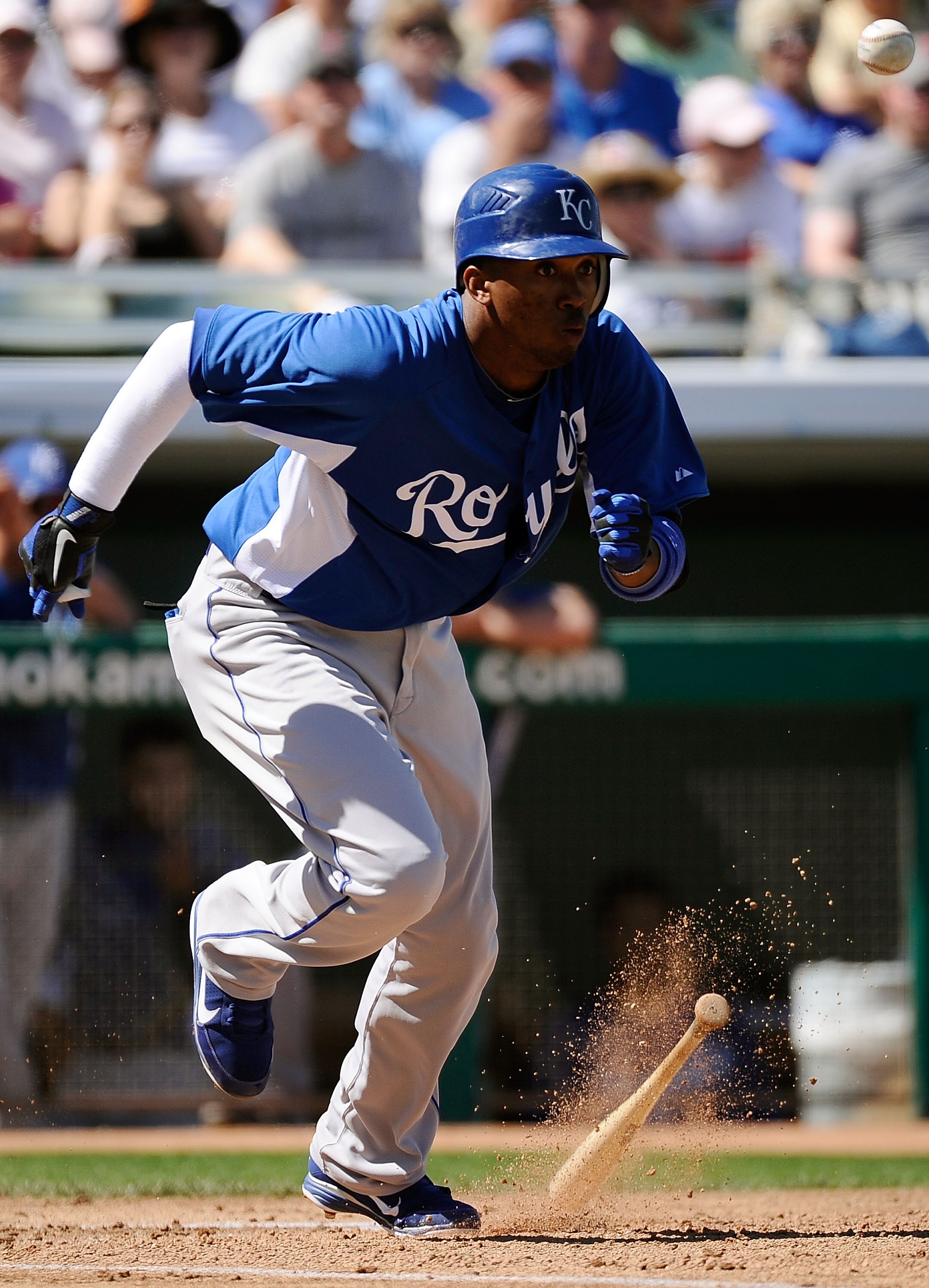 MESA, AZ - MARCH 09:  Alcides Escobar #2 of the Kansas City Royals at bat against the Chicago Cubs during the spring training baseball game at HoHoKam Stadium on March 9, 2011 in Mesa, Arizona.  (Photo by Kevork Djansezian/Getty Images)