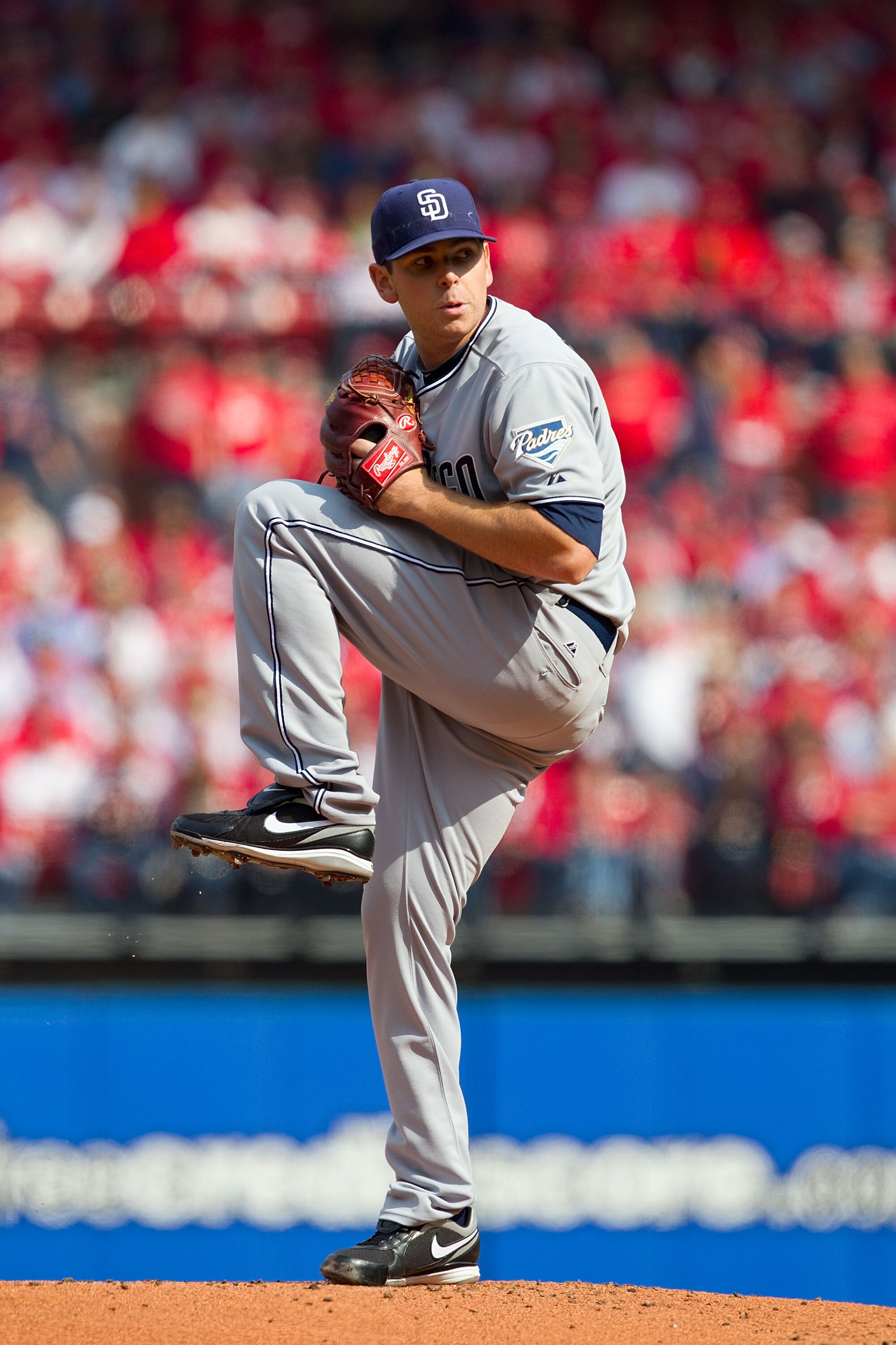ST. LOUIS, MO - MARCH 31: Starter Tim Stauffer #46 of the San Diego Padres pitches against the St. Louis Cardinals on opening day at Busch Stadium on March 31, 2011 in St. Louis, Missouri.  (Photo by Dilip Vishwanat/Getty Images)