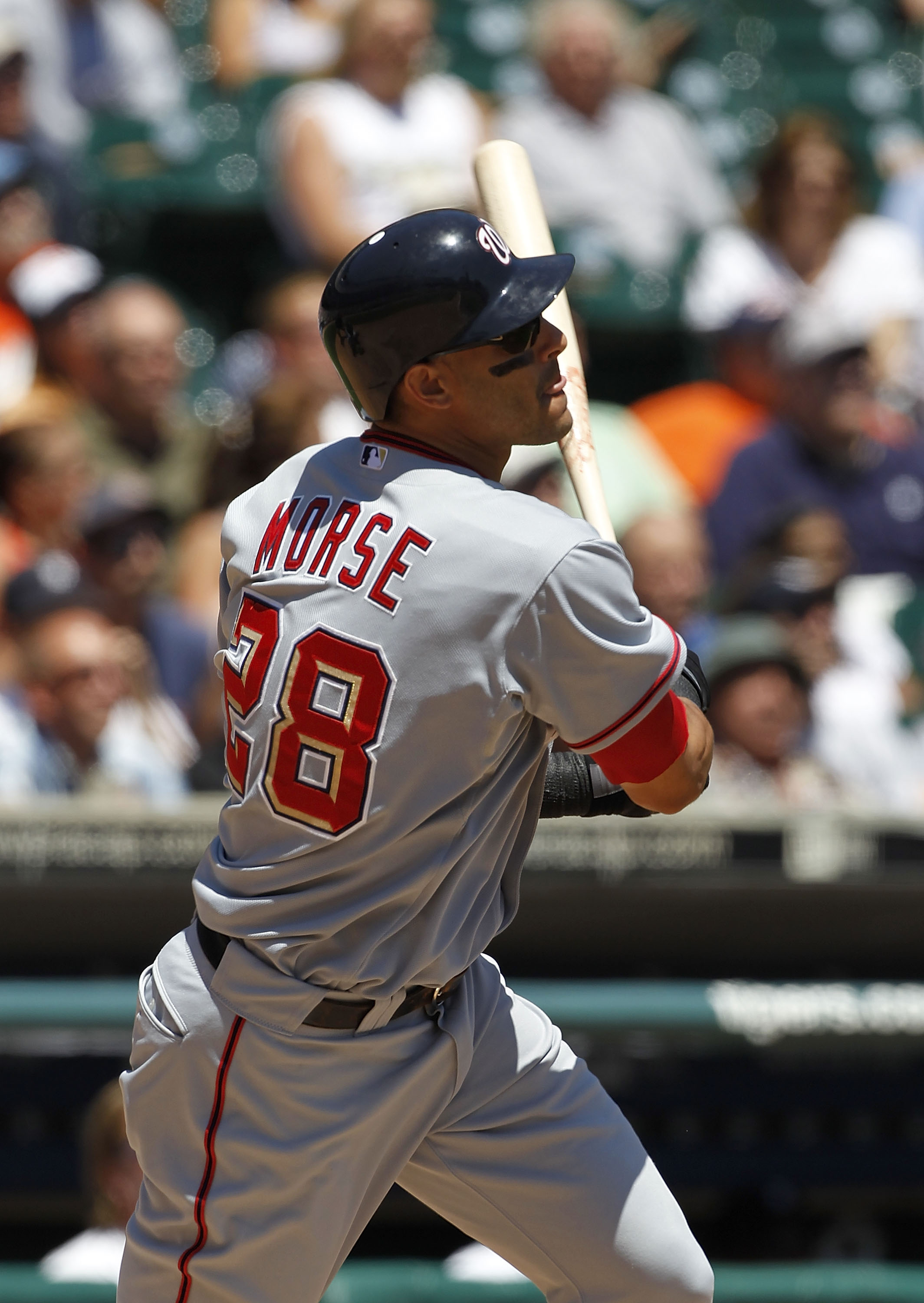 DETROIT - JUNE 17:  Michael Morse #28 of the Washington Nationals bats in the second inning during the game against the Detroit Tigers on June 17, 2010 at Comerica Park in Detroit, Michigan. The Tigers defeated the Nationals 8-3.  (Photo by Leon Halip/Get