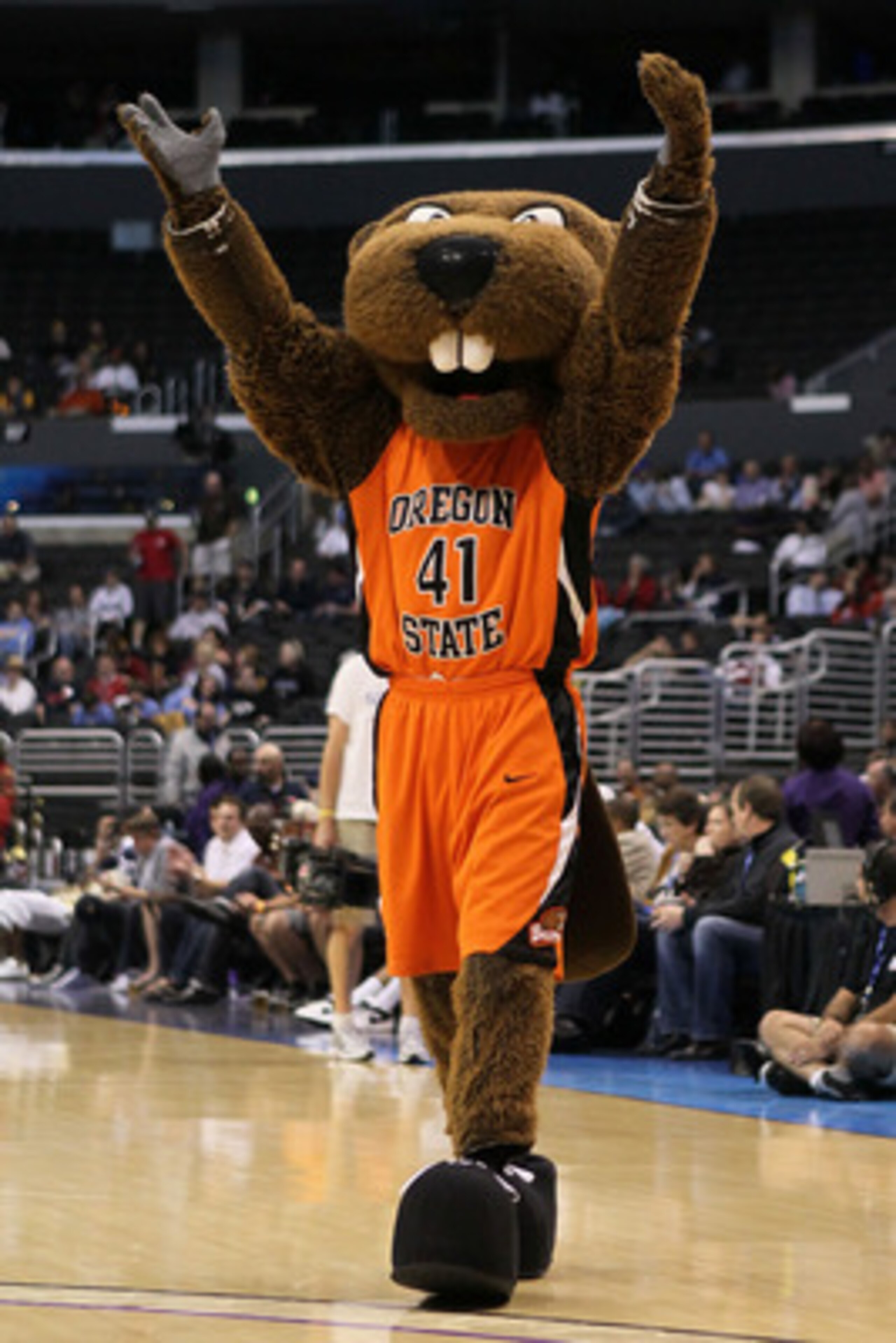 LOS ANGELES, CA - MARCH 10:  The Oregon State Beavers mascot performs on the court during a break in the game against the Arizona Wildcats in the quarterfinals of the 2011 Pacific Life Pac-10 Men's Basketball Tournament at Staples Center on March 10, 2011