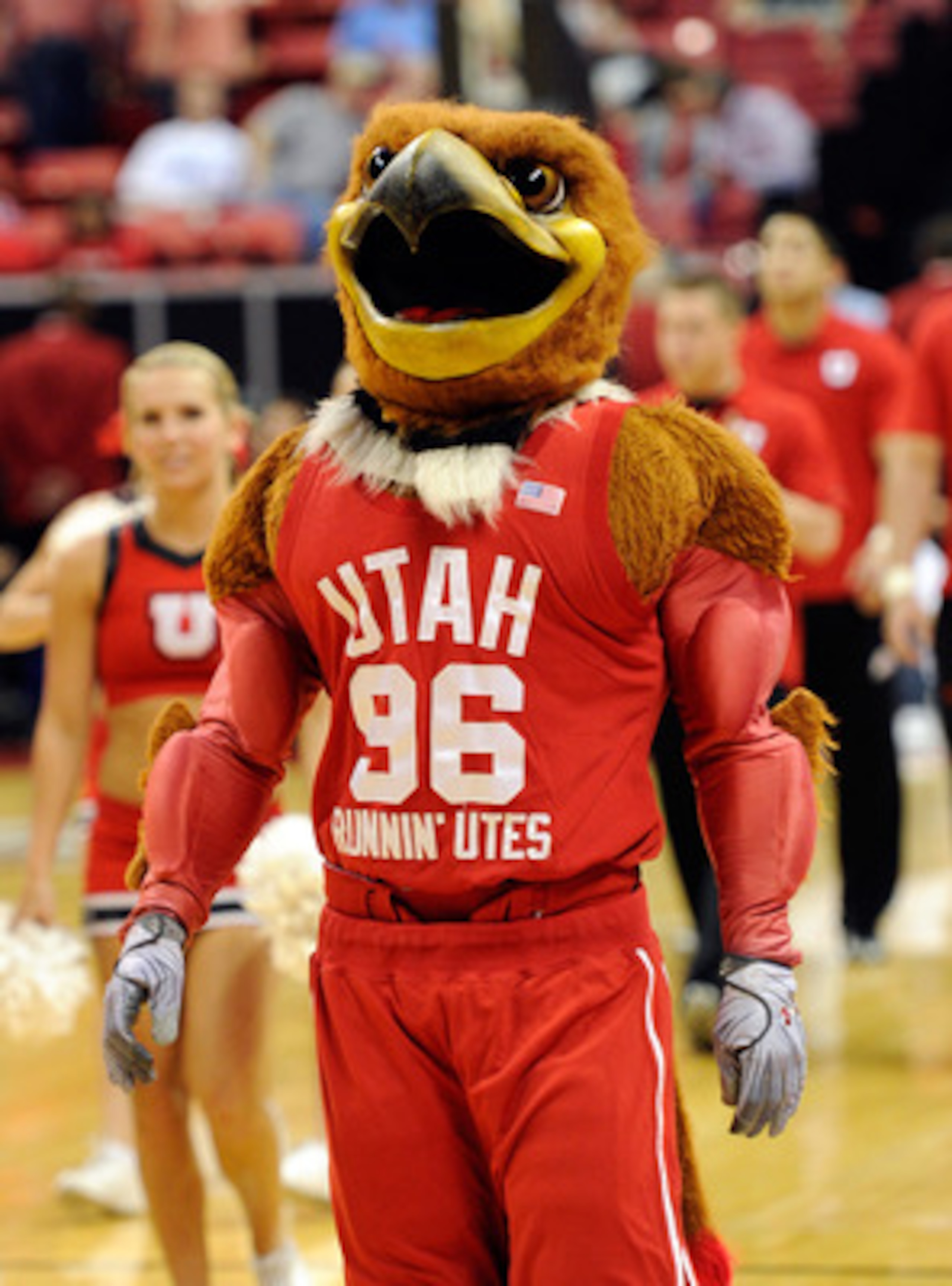 LAS VEGAS, NV - MARCH 10:  Utah Utes mascot Swoop appears on the court during a quarterfinal game of the Conoco Mountain West Conference Basketball tournament against the San Diego State Aztecs at the Thomas & Mack Center March 10, 2011 in Las Vegas, Neva