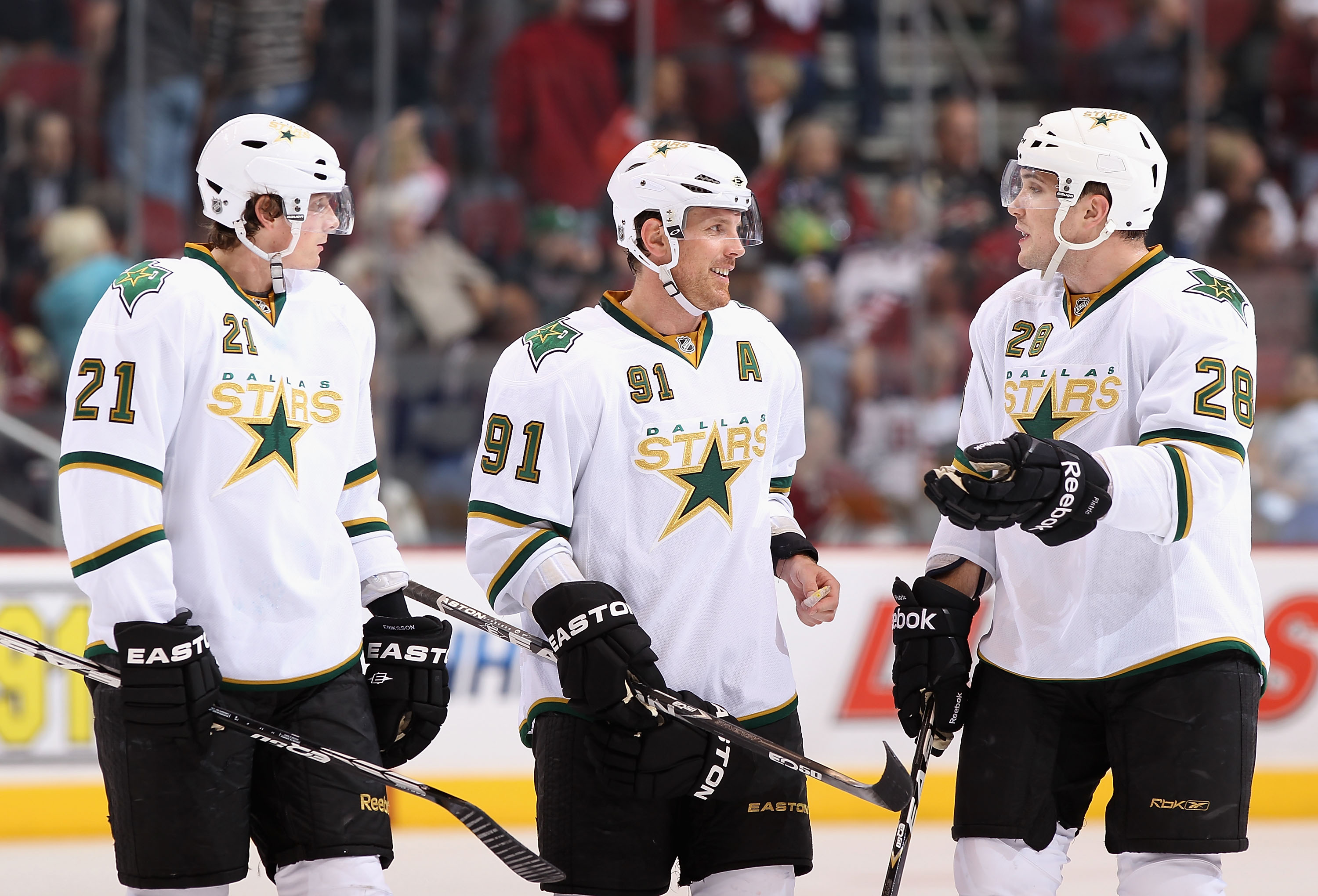 GLENDALE, AZ - MARCH 29:  (L-R) Loui Eriksson #21, Brad Richards #91 and Mark Fistric #28 of the Dallas Stars during the NHL game against the Phoenix Coyotes at Jobing.com Arena on March 29, 2011 in Glendale, Arizona. The Coyotes defeated the Stars 2-1 in