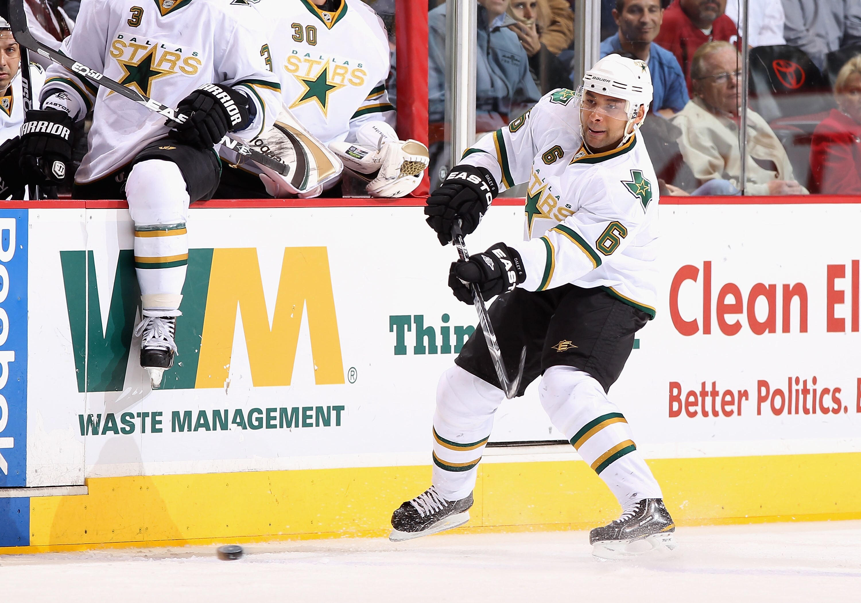 GLENDALE, AZ - MARCH 29:  Trevor Daley #6 of the Dallas Stars passes the puck during the NHL game against the Phoenix Coyotes at Jobing.com Arena on March 29, 2011 in Glendale, Arizona. The Coyotes defeated the Stars 2-1 in an overtime shoot out.  (Photo