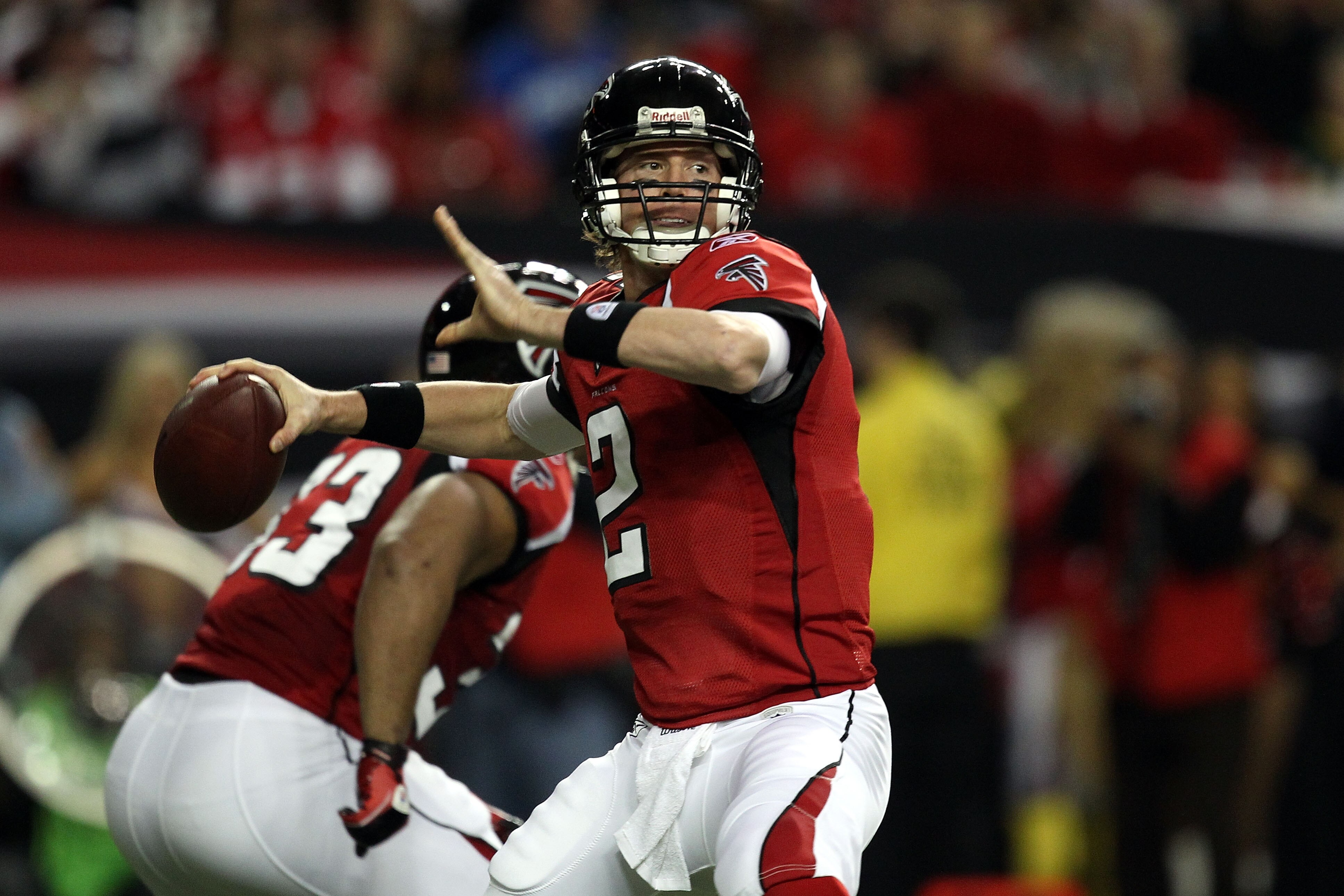ATLANTA, GA - JANUARY 15:  Quarterback Matt Ryan #2 of the Atlanta Falcons throws a pass against the Green Bay Packers during their 2011 NFC divisional playoff game at Georgia Dome on January 15, 2011 in Atlanta, Georgia.  (Photo by Streeter Lecka/Getty I