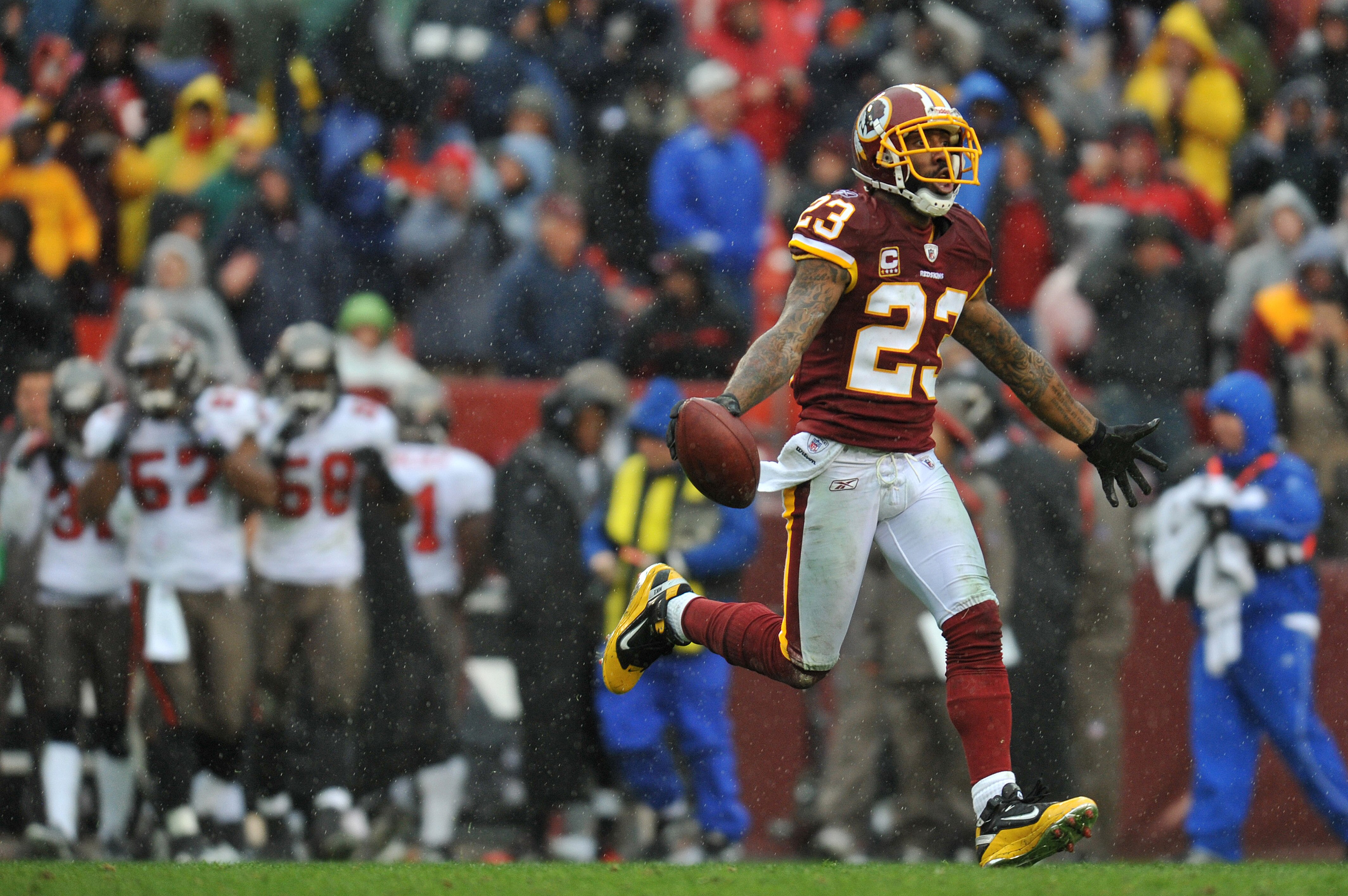 LANDOVER, MD - DECEMBER 12:  DeAngelo Hall #23 of the Washington Redskins celebrates a fumble recovery against the Tampa Bay Buccaneers  at FedExField on December 12, 2010 in Landover, Maryland. The Buccaneers defeated the Redskins 17-16. (Photo by Larry