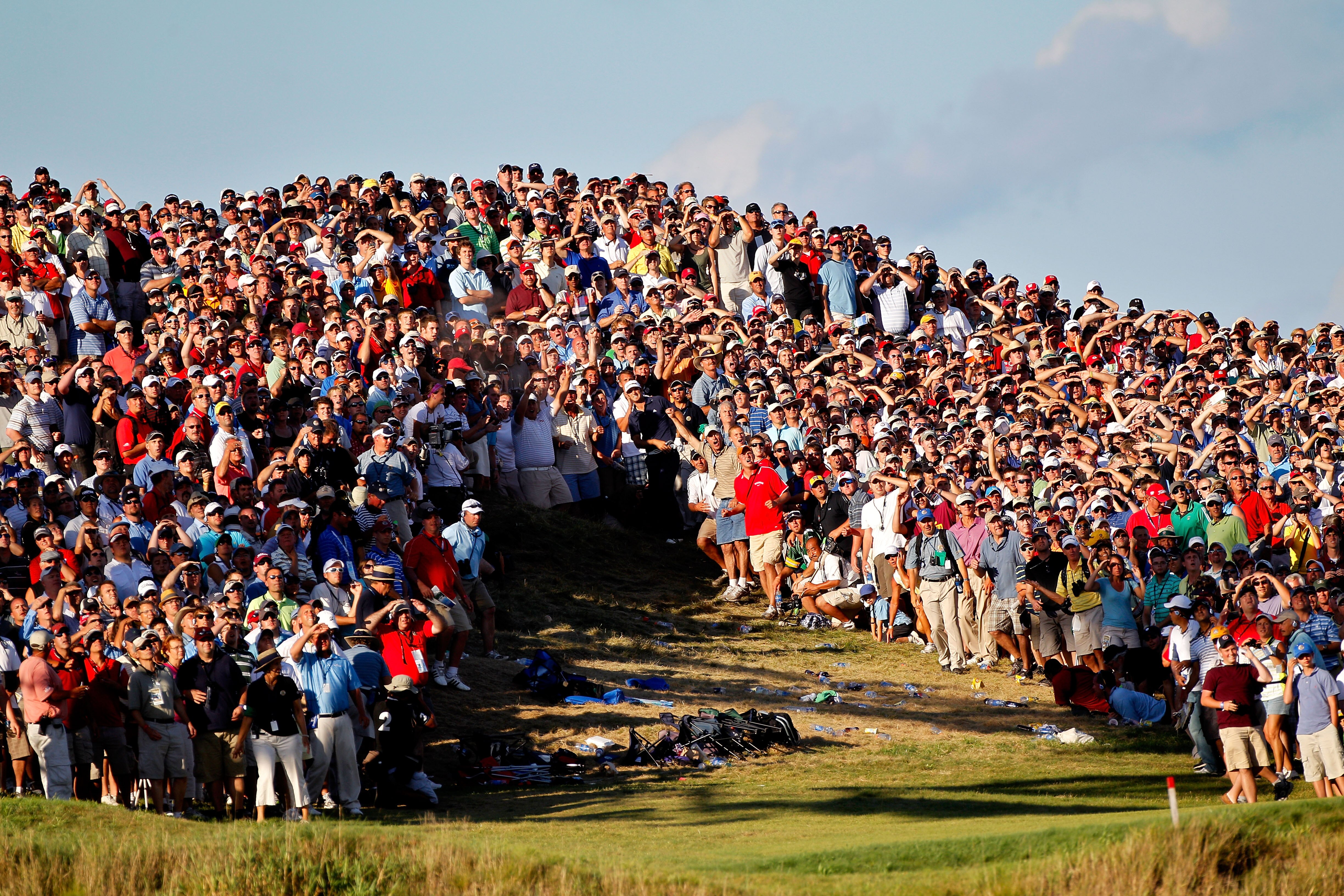 KOHLER, WI - AUGUST 15:  Dustin Johnson hits his second shot on the 18th hole during the final round of the 92nd PGA Championship on the Straits Course at Whistling Straits on August 15, 2010 in Kohler, Wisconsin.  (Photo by Sam Greenwood/Getty Images)