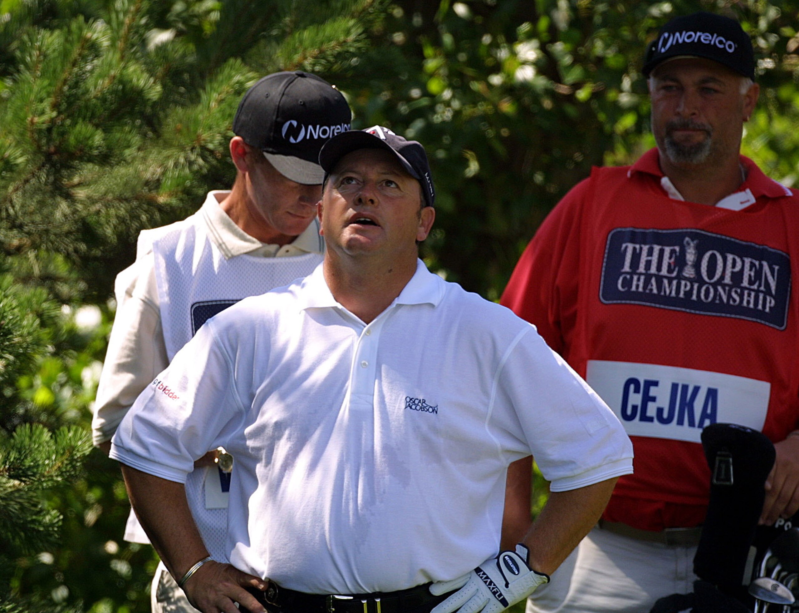 22 Jul 2001:  Ian Woosnam of Wales looks on is despair after being told by PGA tour official John  Paramor  that he has too many clubs in his bag and will be given a two shot penalty on the second tee during the fourth round of the 2001 Open Championshipa