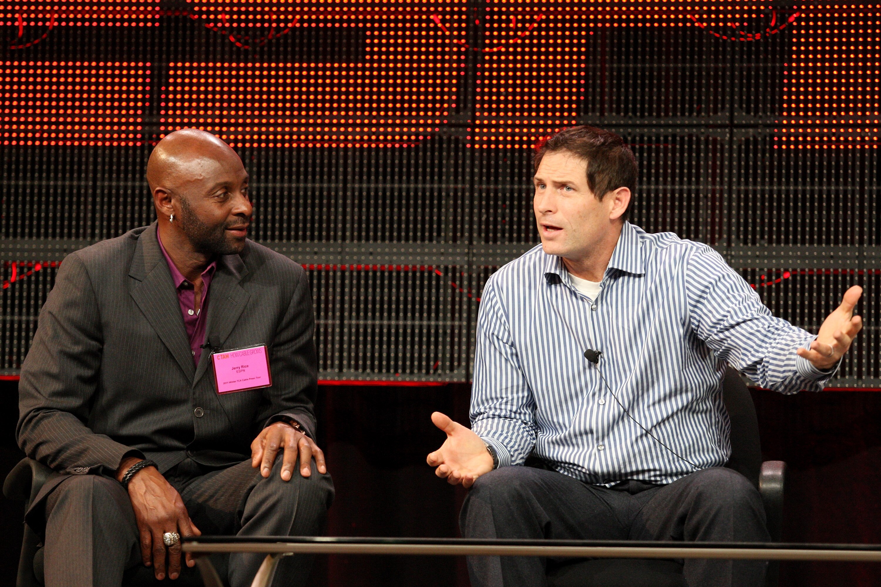 PASADENA, CA - JANUARY 05:  NFL Hall of Famers Jerry Rice (L) and Steve Young speak onstage during the 'Year of the Quarterback' panel at the ESPN portion of the 2011 Winter TCA press tour held at the Langham Hotel on January 5, 2011 in Pasadena, Californ