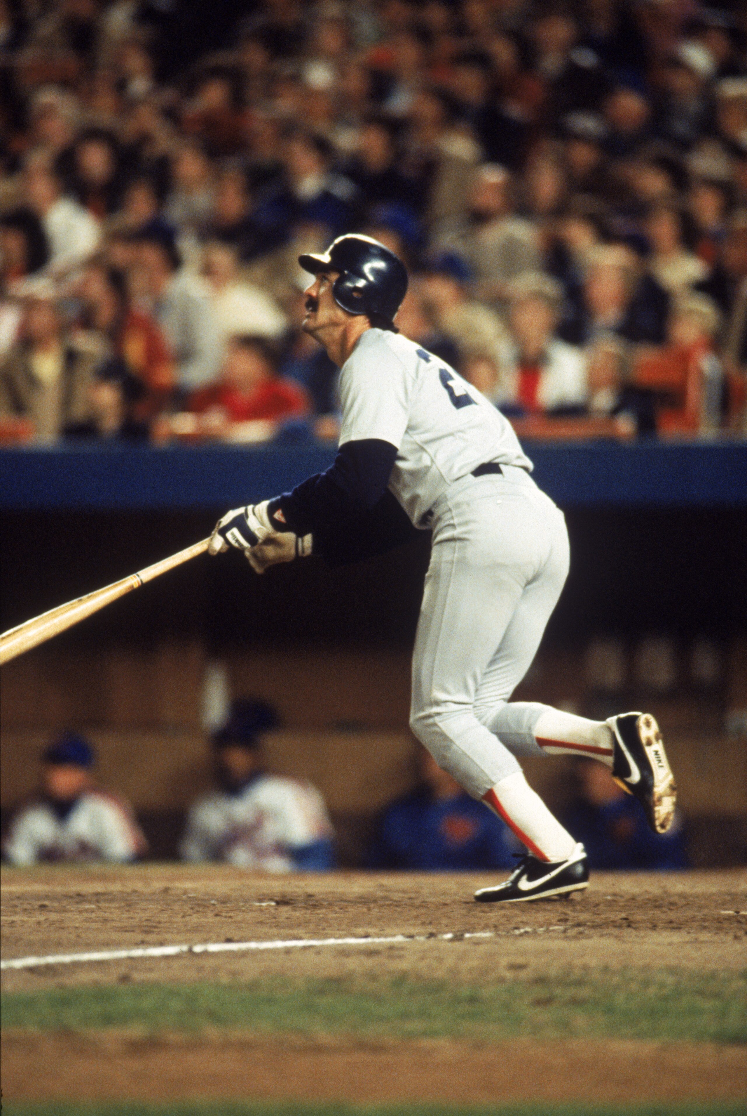 FLUSHING, NY - OCTOBER 25:  Dwight Evans #24 of the Boston Red Sox bats against the New York Mets during Game six of the 1986 World Series at Shea Stadium on October 25, 1986 in Flushing, New York. The Mets defeated the Red Sox 6-5 in ten innings. (Photo
