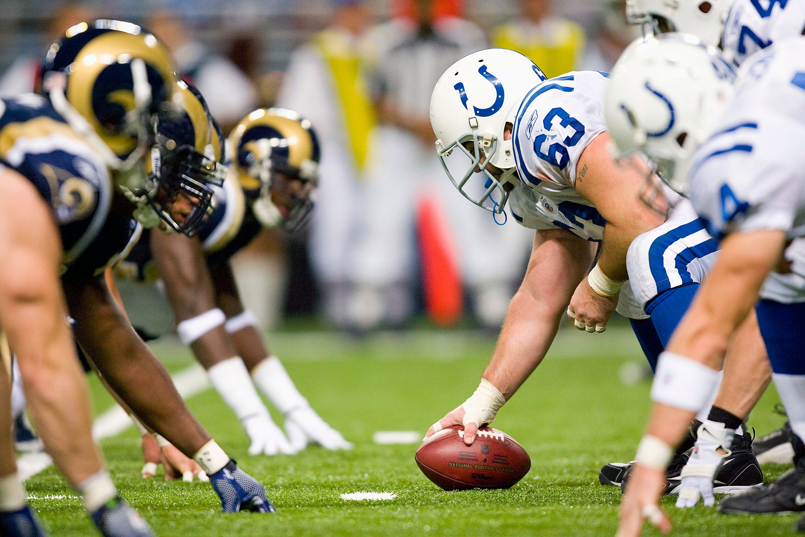 ST. LOUIS, MO - OCTOBER 25: Jeff Saturday #63 of the Indianapolis Colts lines up against the St. Louis Rams at the Edward Jones Dome on October 25, 2009 in St. Louis, Missouri.  The Colts beat the Rams 42-6.  (Photo by Dilip Vishwanat/Getty Images)