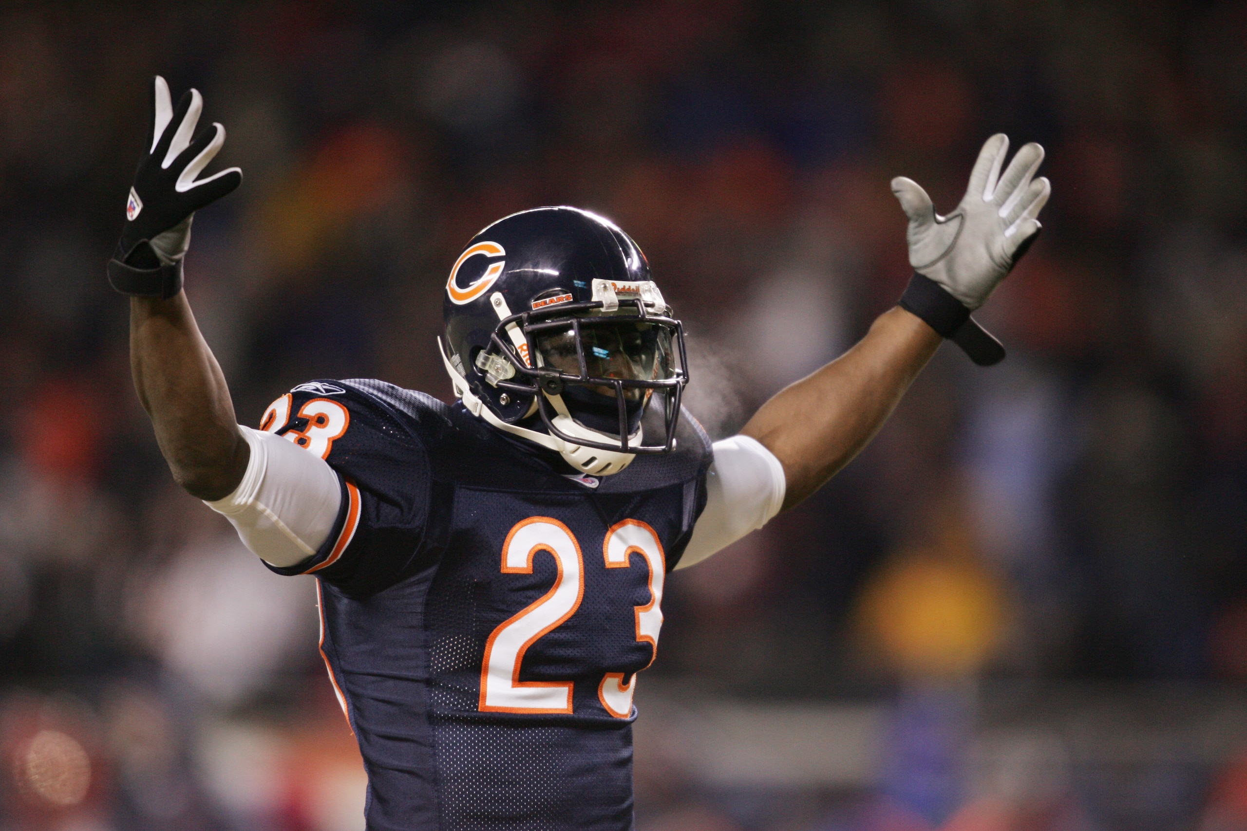 CHICAGO - DECEMBER 18:  Cornerback Jerry Azumah #23 of the Chicago Bears celebrates against the Atlanta Falcons at Soldier Field on December 18, 2005 in Chicago, Illinois. The Bears defeated the Falcons 16-3. (Photo by Jonathan Daniel/Getty Images)