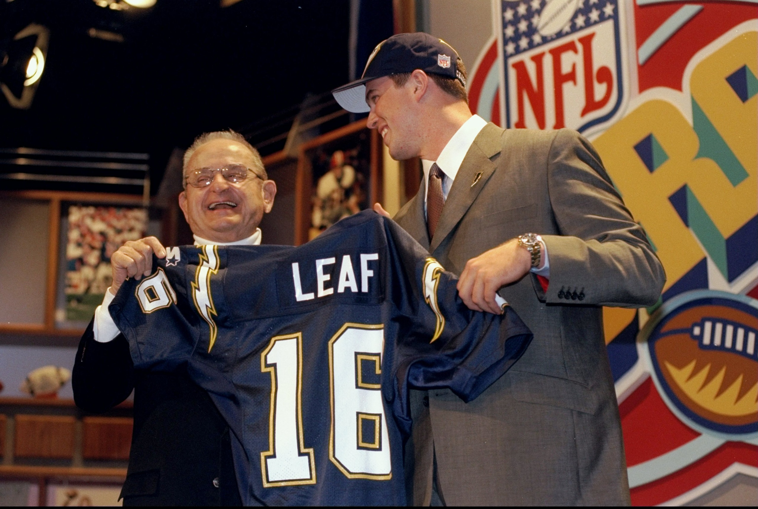 18 Apr 1998: Quarterback Ryan Leaf stands with owner Alex Spanos of the San Diego Chargers during the NFL draft at Madison Square Garden in New York City, New York. Mandatory Credit: Ezra O. Shaw /Allsport 18 Apr 1998: Quarterback Ryan Leaf stands with owner Alex Spanos of the San Diego Chargers during the NFL draft at Madison Square Garden in New York City, New York. Mandatory Credit: Ezra O. Shaw /Allsport