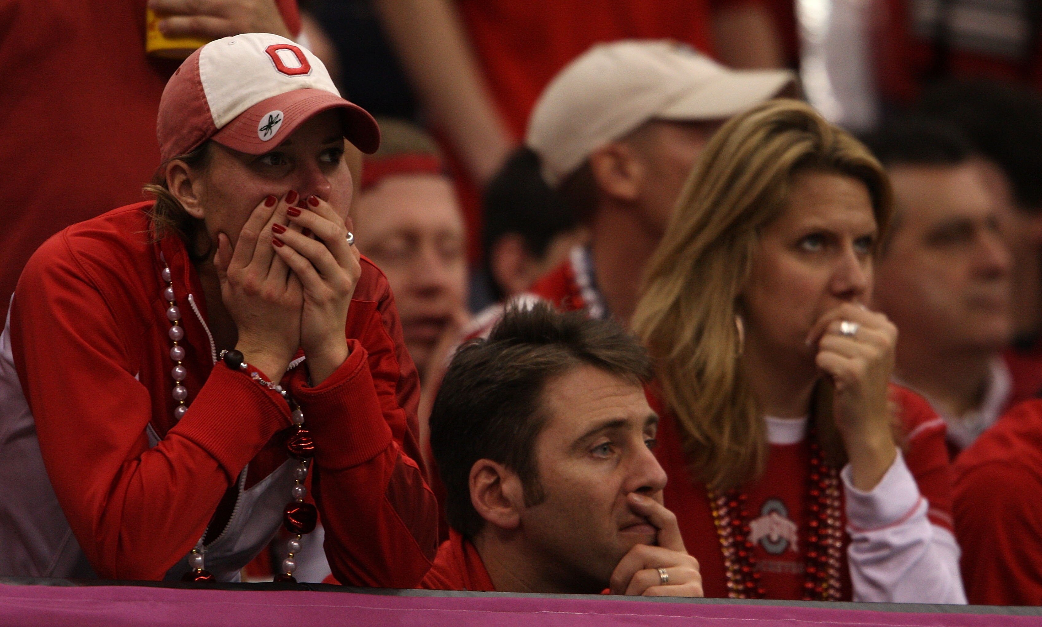 NEW ORLEANS - JANUARY 07:  An Ohio State Buckeye fan watches as the clock ticks down on their 38-24 loss to the Louisiana State University Tigers in the AllState BCS National Championship on January 7, 2008 at the Louisiana Superdome in New Orleans, Louis