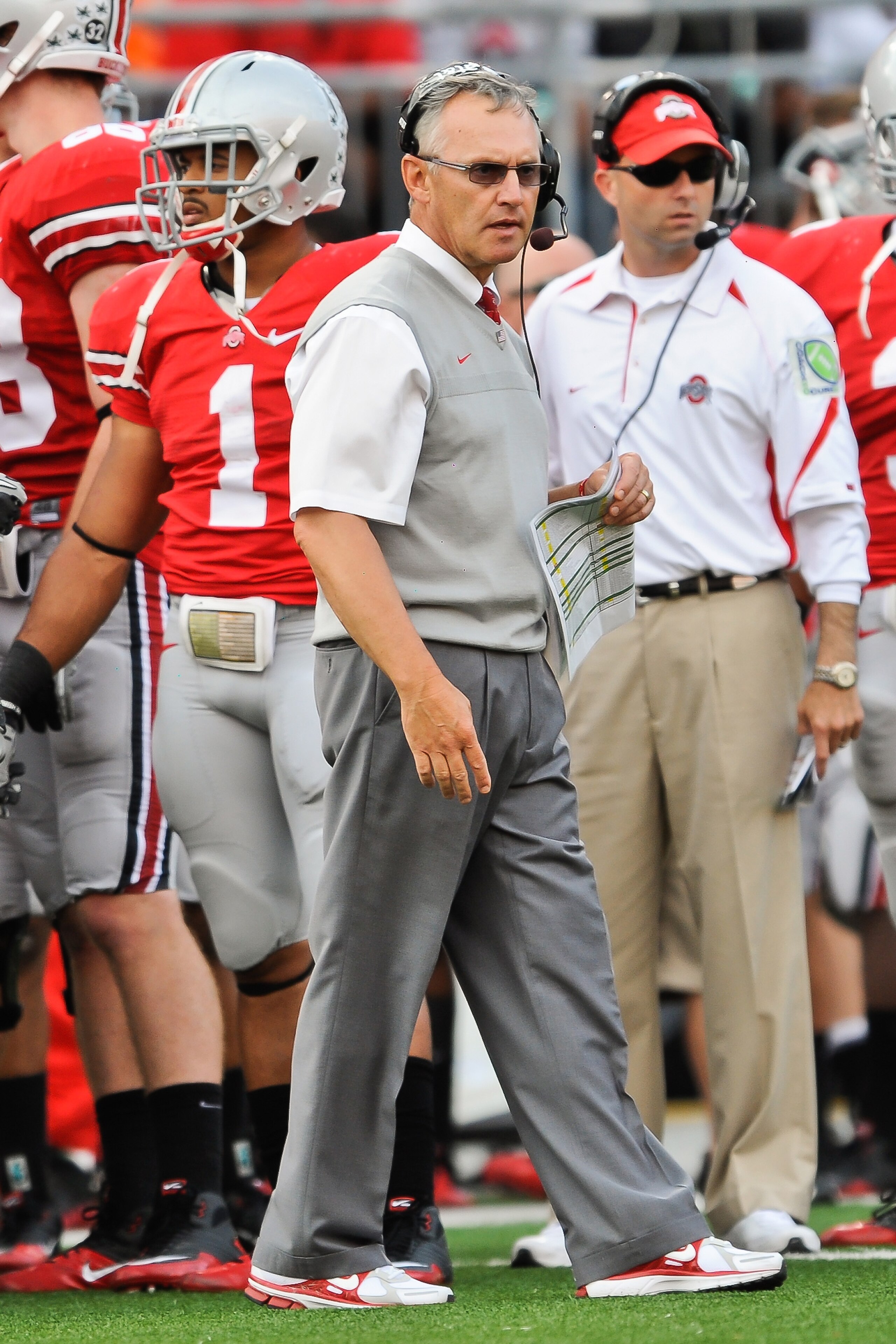 COLUMBUS, OH - SEPTEMBER 25:  Head Coach Jim Tressel of the Ohio State Buckeyes watches his team play the Eastern Michigan Eagles at Ohio Stadium on September 25, 2010 in Columbus, Ohio.  Ohio State won 73-20. (Photo by Jamie Sabau/Getty Images)