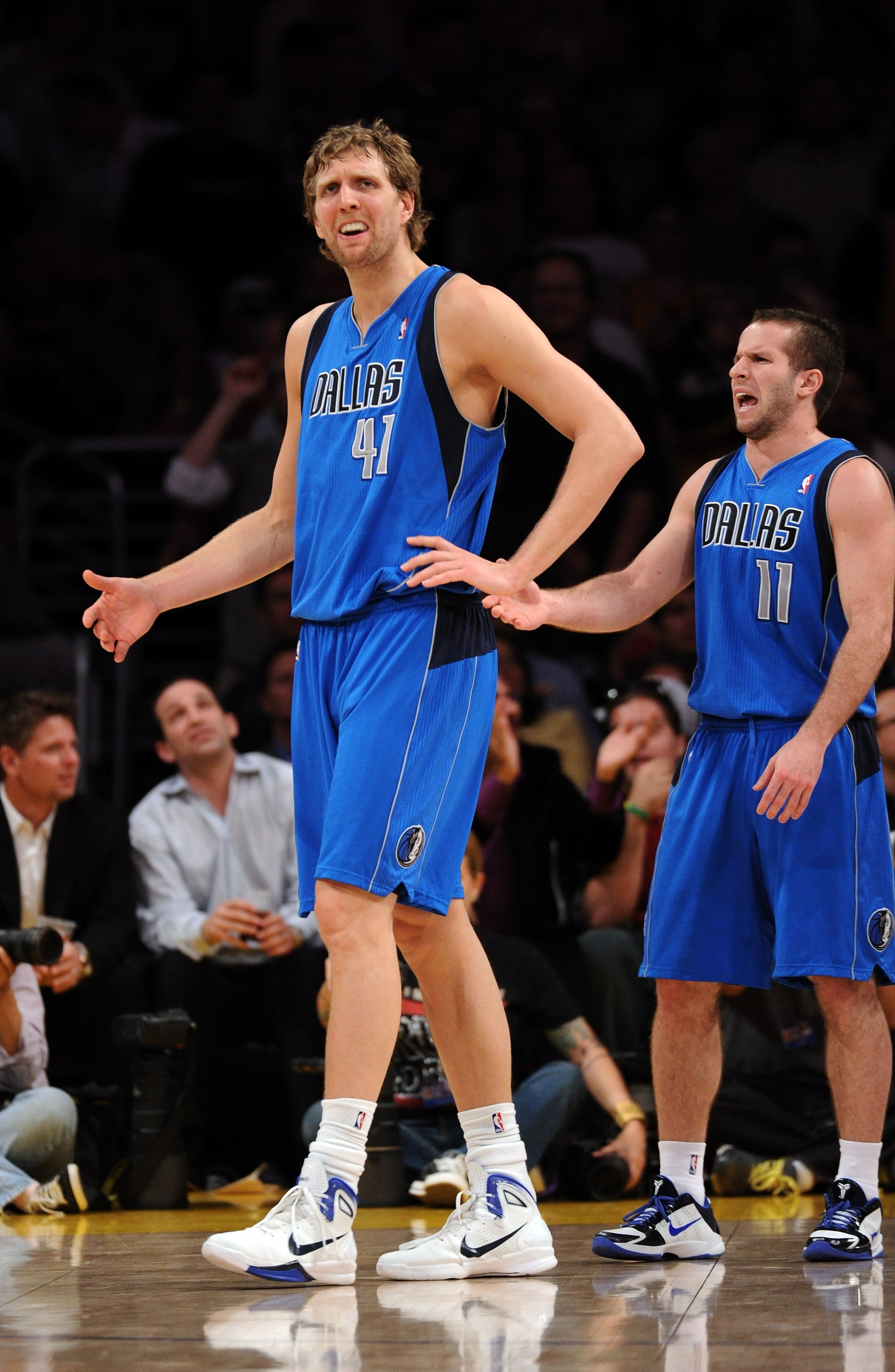 LOS ANGELES, CA - MARCH 31:  Dirk Nowitzki #41 and Jose Barea #11 of the Dallas Mavericks react to a foul during the game against the Los Angeles Lakers at Staples Center on March 31, 2011 in Los Angeles, California.  NOTE TO USER: User expressly acknowle