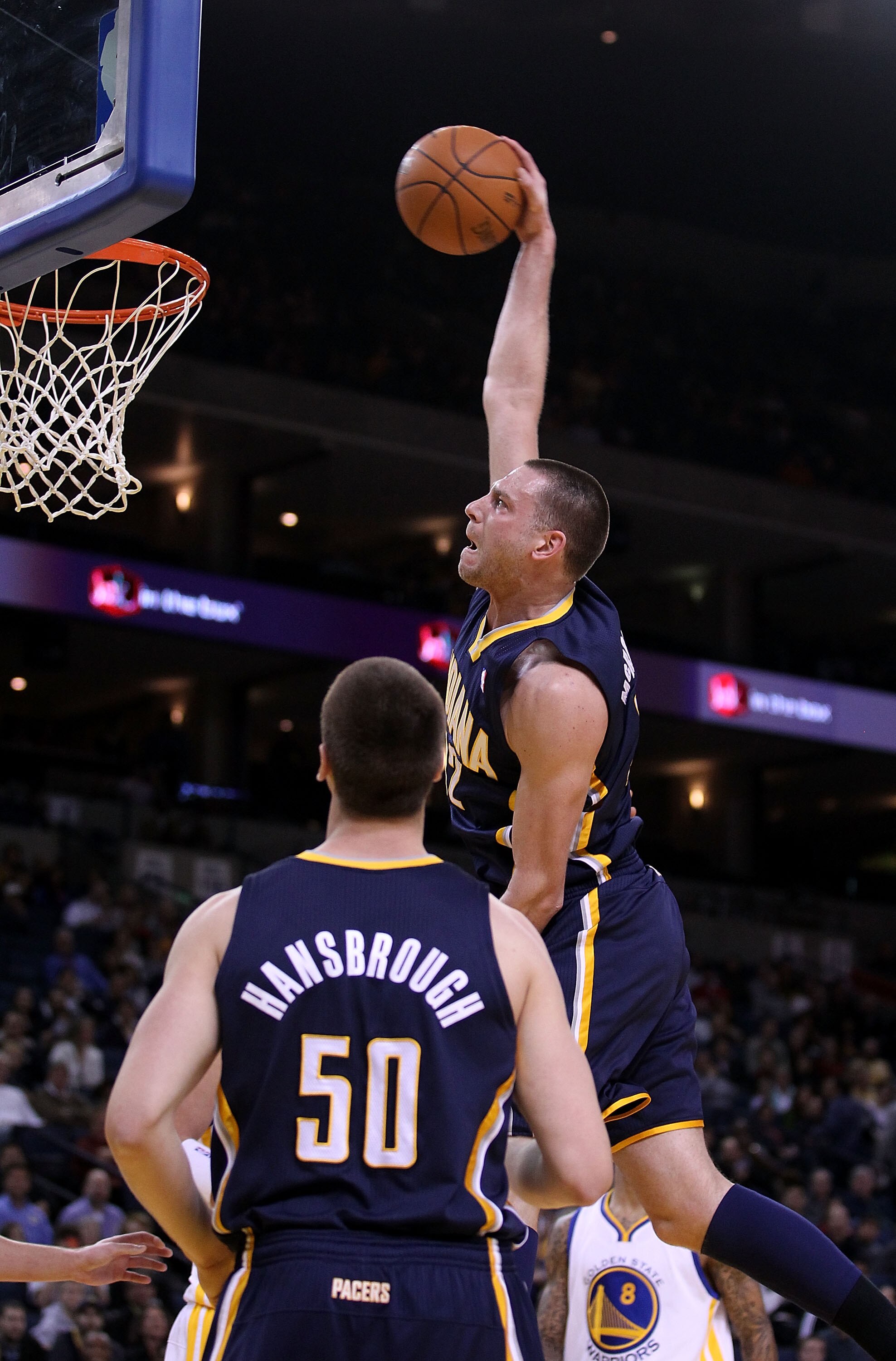 OAKLAND, CA - JANUARY 19:  Josh McRoberts #32 of the Indiana Pacers goes up for a dunk against the Golden State Warriors at Oracle Arena on January 19, 2011 in Oakland, California.  NOTE TO USER: User expressly acknowledges and agrees that, by downloading