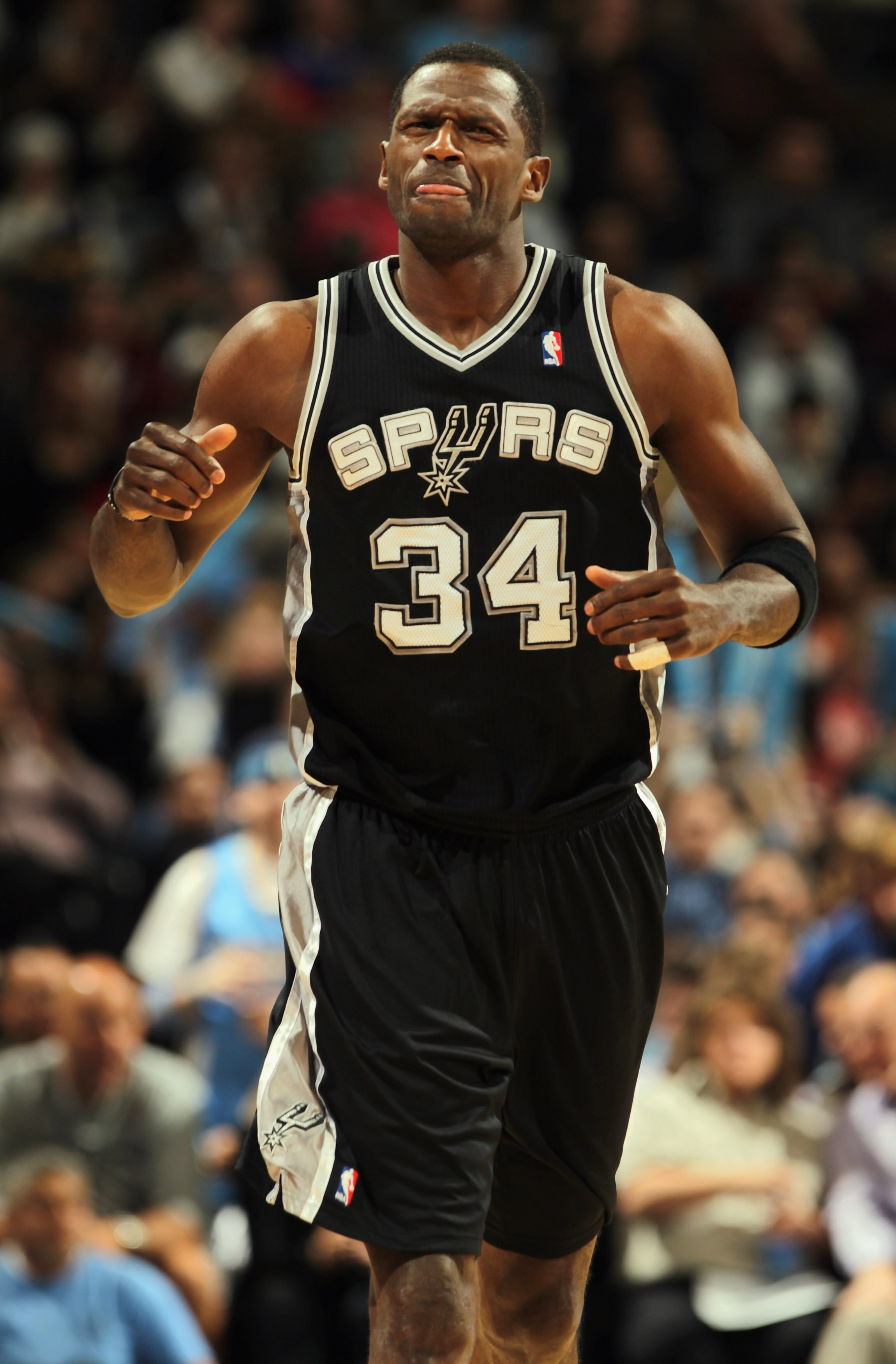 DENVER, CO - MARCH 23:  Antonio McDyess #34 of the San Antonio Spurs reacts after being called for a foul against the Denver Nuggets at the Pepsi Center on March 23, 2011 in Denver, Colorado. McDyess went on to foul out of the game as the Nuggets defeated