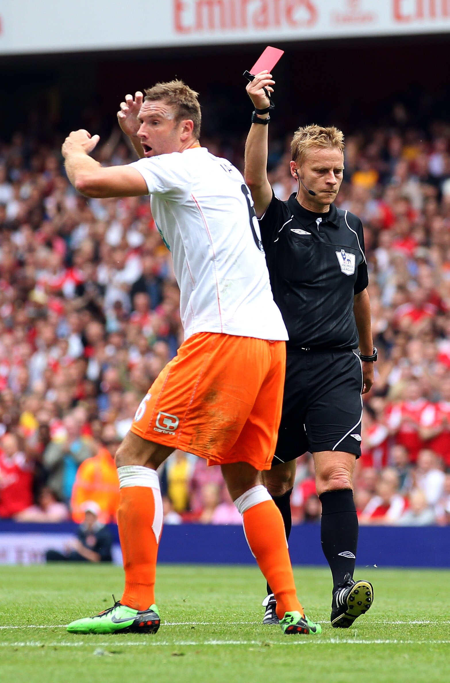 LONDON, ENGLAND - AUGUST 21:  Ian Evatt of Blackpool is sent off by Referee Mike Jones during the Barclays Premier League match between Arsenal and Blackpool at The Emirates Stadium on August 21, 2010 in London, England.  (Photo by Clive Rose/Getty Images
