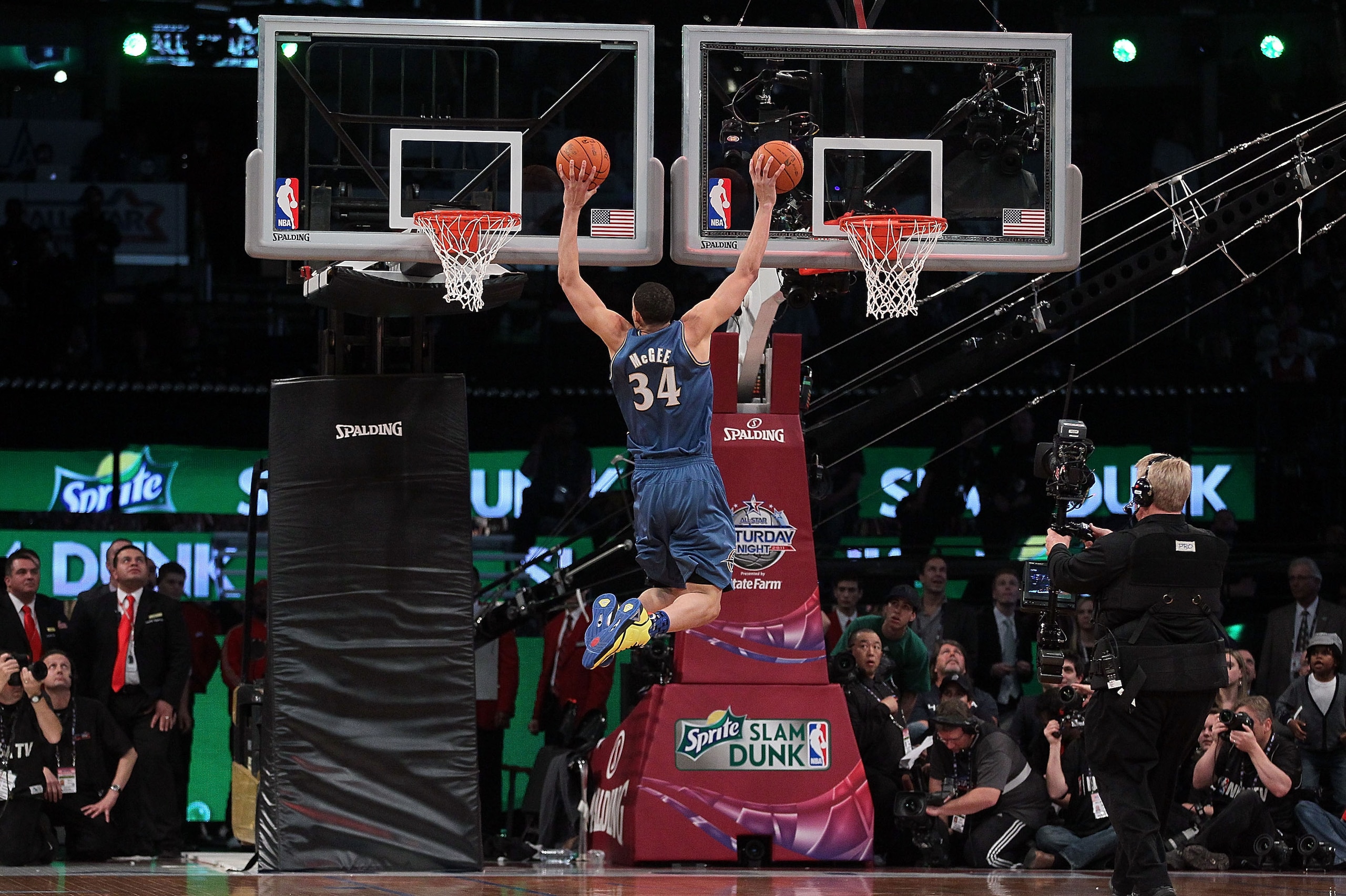 LOS ANGELES, CA - FEBRUARY 19: JaVale McGee #34 of the Washington Wizards dunks two balls on the same jump in the first round of the Sprite Slam Dunk Contest apart of NBA All-Star Saturday Night at Staples Center on February 19, 2011 in Los Angeles, Cali LOS ANGELES, CA - FEBRUARY 19: JaVale McGee #34 of the Washington Wizards dunks two balls on the same jump in the first round of the Sprite Slam Dunk Contest apart of NBA All-Star Saturday Night at Staples Center on February 19, 2011 in Los Angeles, Cali