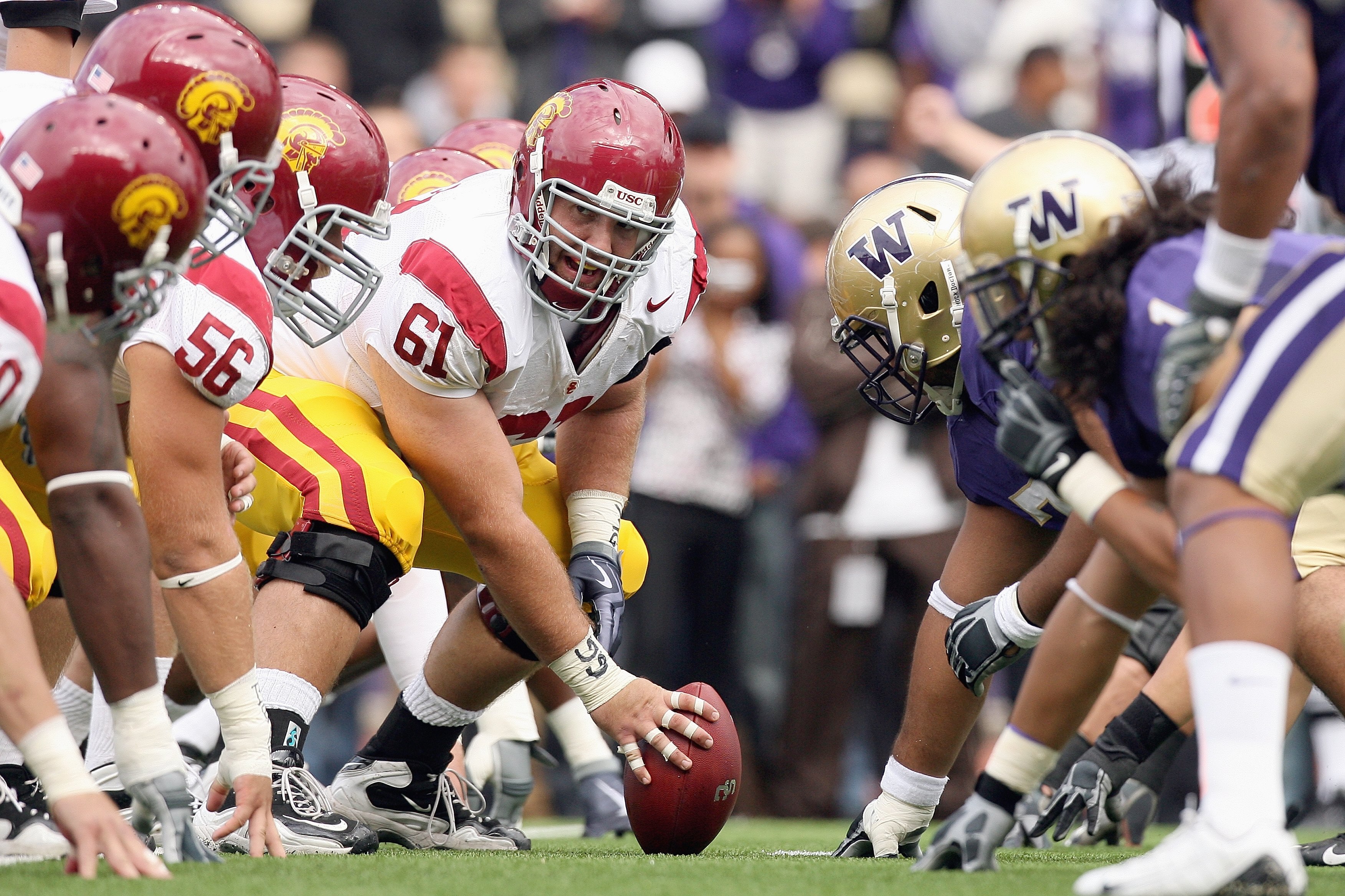 SEATTLE - SEPTEMBER 19: Center Kristofer O'Dowd #61of the USC Trojans gets ready to hike the ball during the game against the Washington Huskies on September 19, 2009 at Husky Stadium in Seattle, Washington. The Huskies defeated the Trojans 16-13. (Photo