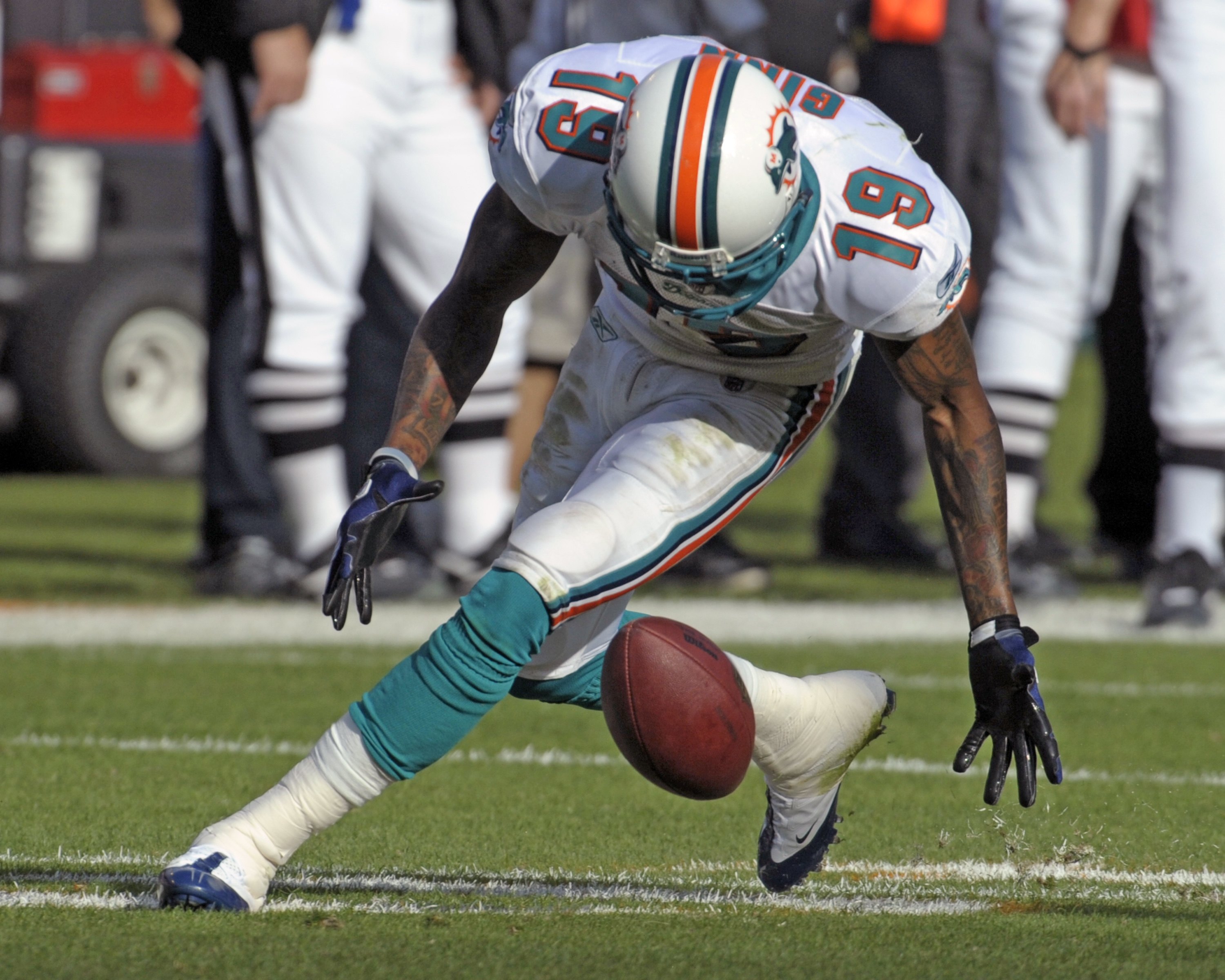 MIAMI, FL - JANUARY 4:  Wide receiver Ted Ginn Jr. #19 of the Miami Dolphins fumbles against the Baltimore Ravens in an NFL Wildcard Playoff Game at Dolphins Stadium on January 4, 2009 in Miami, Florida.  (Photo by Al Messerschmidt/Getty Images)