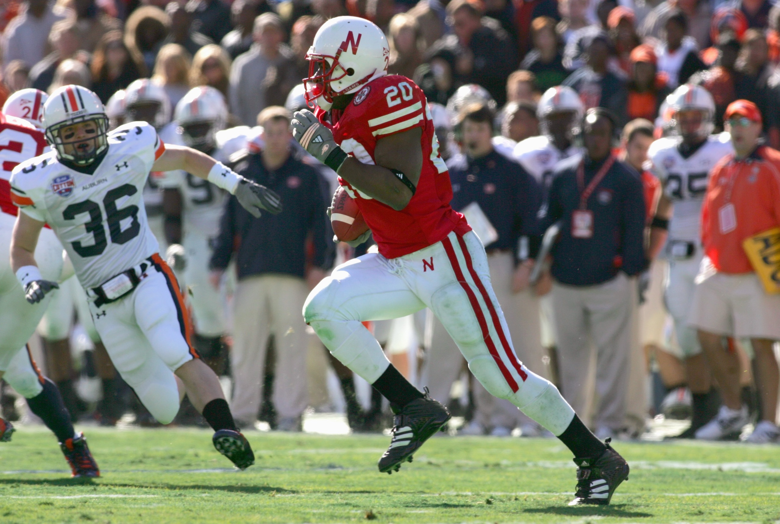 DALLAS - JANUARY 01: Marlon Lucky # 20 of the Nebraska Cornhuskers carries the ball during the AT&T Cotton Bowl Classic against the Auburn Tigers on January 1, 2007 at the Cotton Bowl in Dallas, Texas. (Photo by Ronald Martinez/Getty Images)