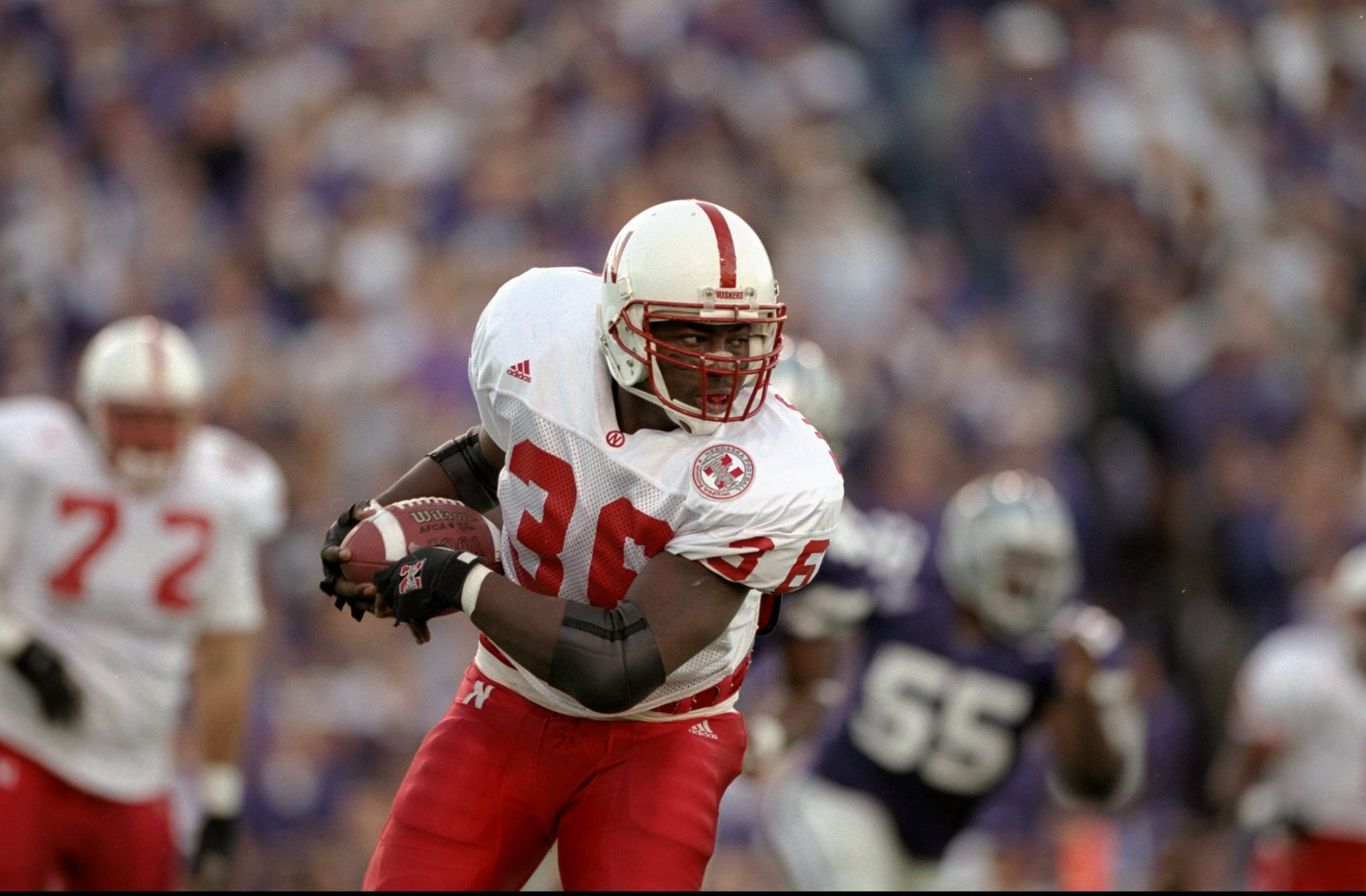 14 Nov 1998:  I-back Correll Buckhalter #36 of the Nebraska Cornhuskers in action during the game against the Kansas State Wildcats at Wagner Field in Manhattan, Kansas. The Wildcats defeated the Cornhuskers 40-30.