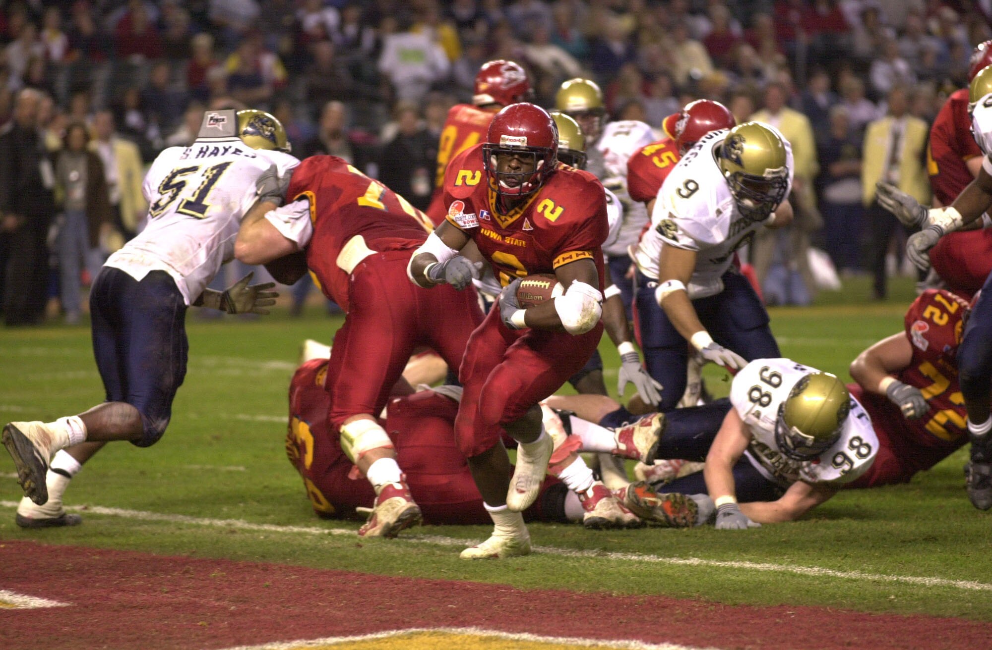 28 Dec 2000:  Ennis Haywood #2 of Iowa State scores the third touchdown for the Cyclones against Pittsburgh during the second quarter of the Insight.com Bowl at Bank One Ballpark in Phoenix, Arizona.  DIGITAL IMAGE. Mandatory Credit: Harry How/ALLSPORT