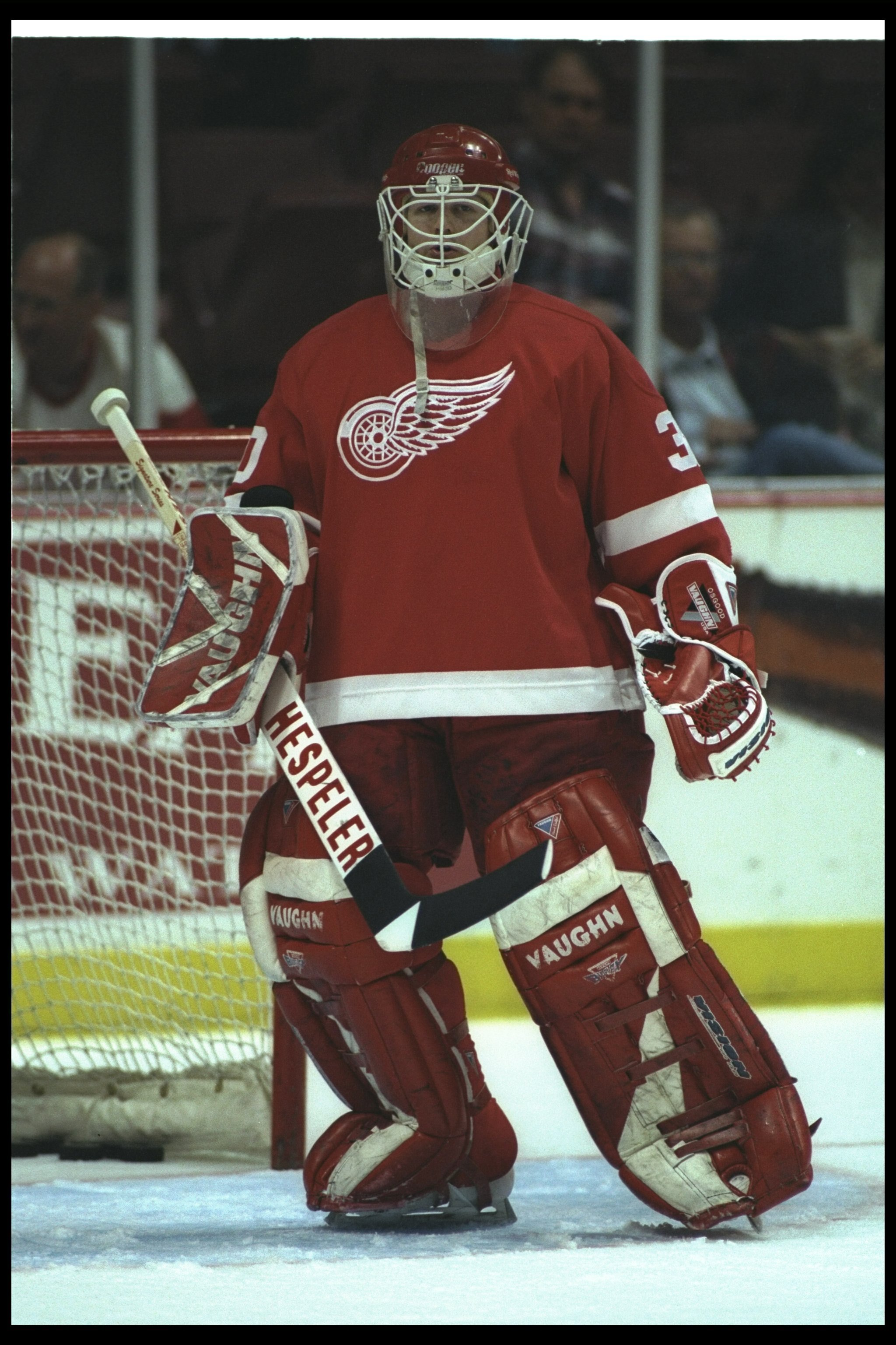 5 Apr 1996:  Goaltender Chris Osgood of the Detroit Red Wings looks on during a game against the Anaheim Mighty Ducks at Arrowhead Pond in Anaheim, California.  The game was a tie, 2-2. Mandatory Credit: Jamie Squire  /Allsport