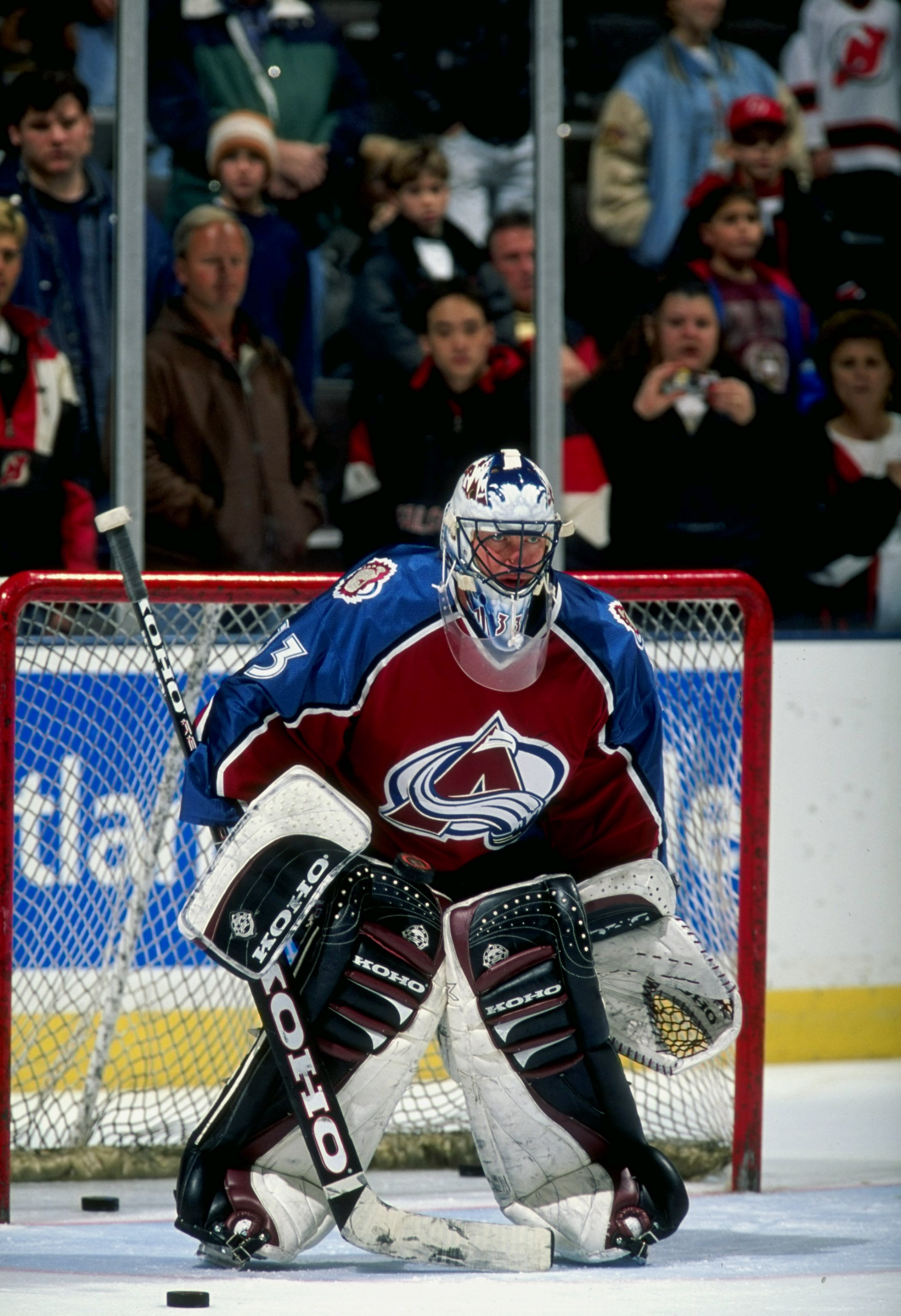 14 Nov 1997:  Goaltender Patrick Roy of the Colorado Avalanche in action during a game against the New Jersey Devils at the McNichols Arena in Denver, Colorado.  The Devils defeated the Avalanche 4-1. Mandatory Credit: Al Bello  /Allsport