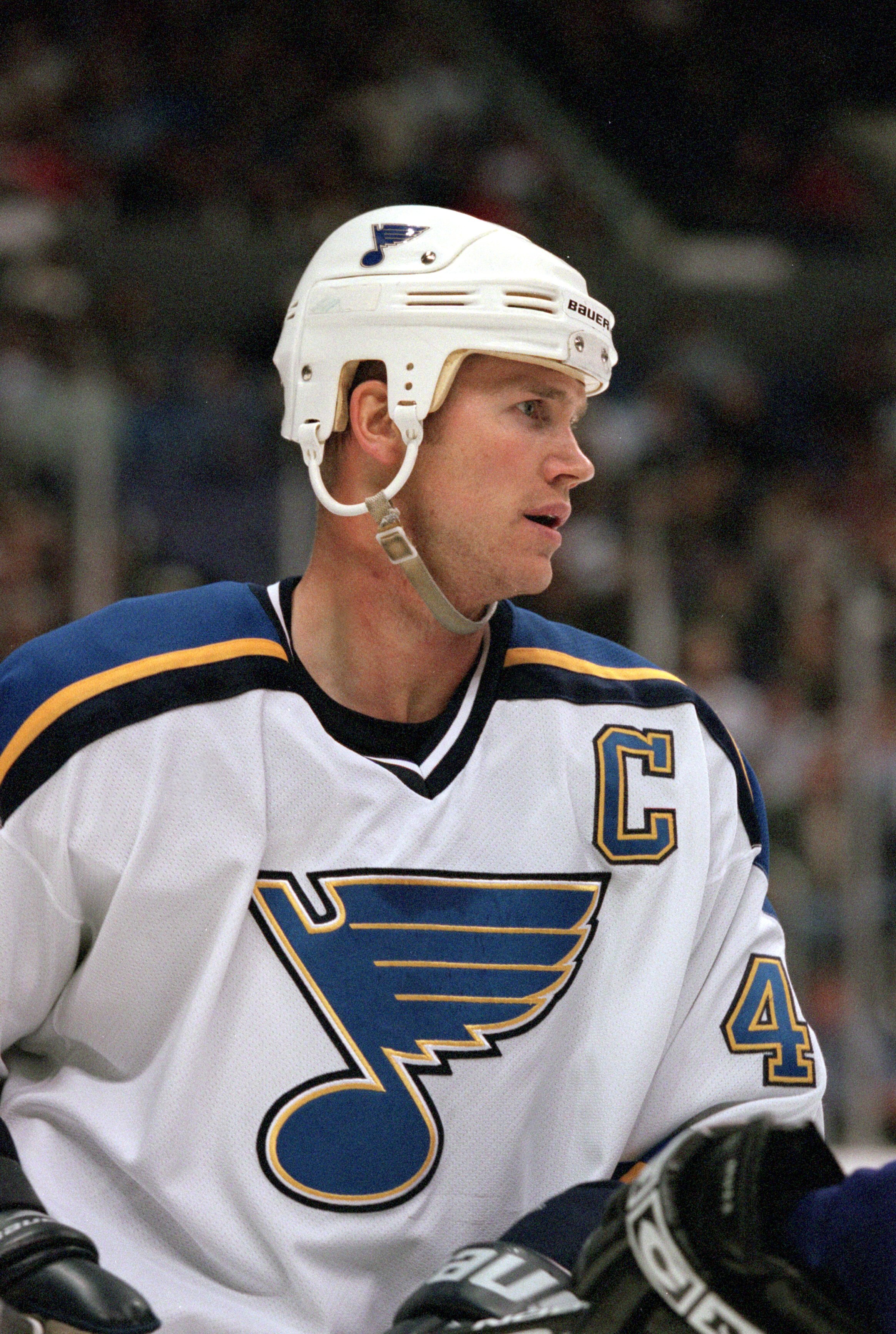 11 Oct 2000:  Chris Pronger #44 of the St. Louis Blues looks on during the game against the Los Angeles Kings at the Staples Center in Los Angeles, California. The Blues tied the Kings 4-4.Mandatory Credit: Kellie Landis  /Allsport