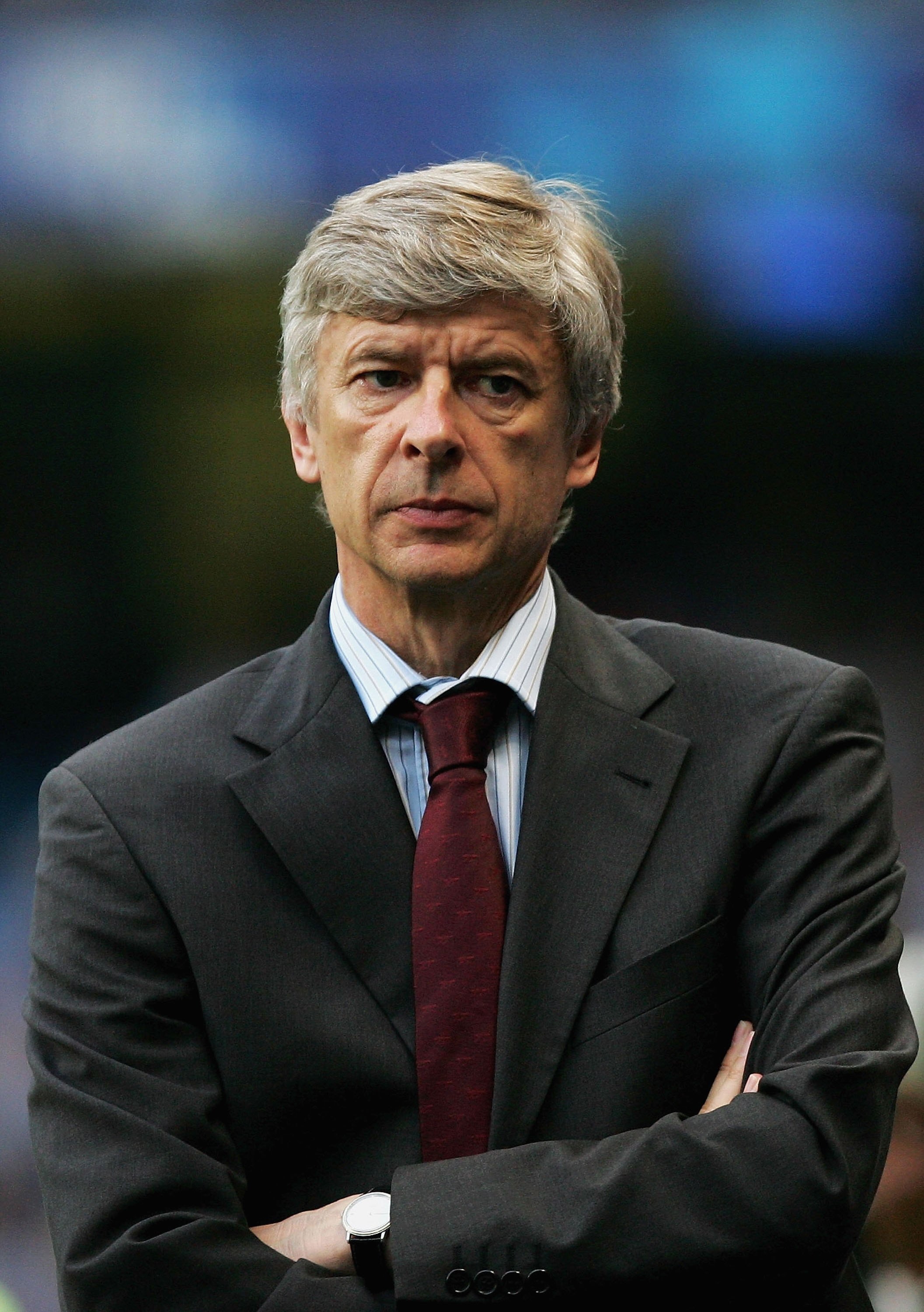 MANCHESTER, UNITED KINGDOM - MAY 04: Arsene Wenger, manager of Arsenal, looks pensive prior to the Barclays Premiership match between Manchester City and Arsenal at the City of Manchester Stadium on May 4, 2006 in Manchester, England.  (Photo by Shaun Bot