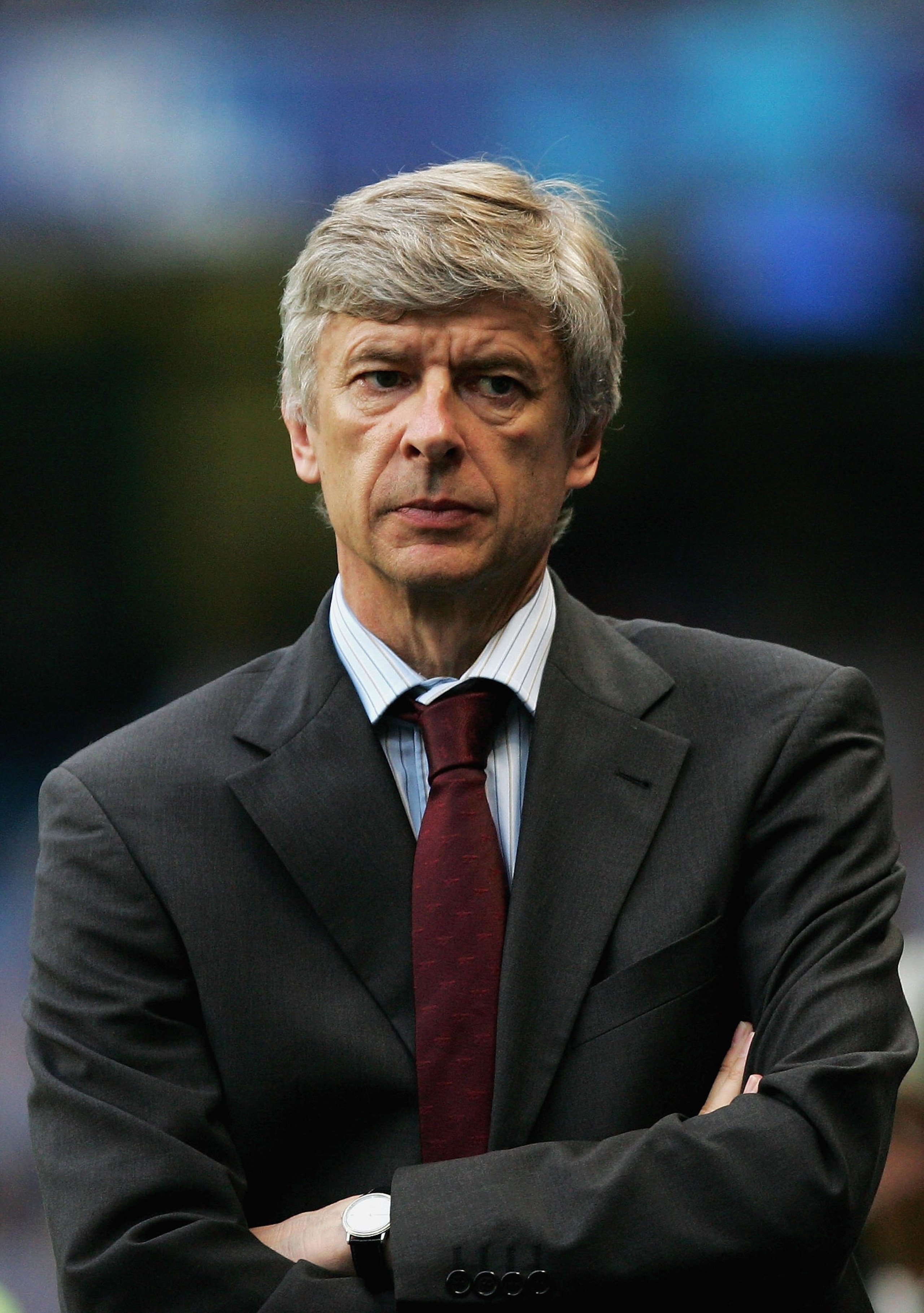 MANCHESTER, UNITED KINGDOM - MAY 04: Arsene Wenger, manager of Arsenal, looks pensive prior to the Barclays Premiership match between Manchester City and Arsenal at the City of Manchester Stadium on May 4, 2006 in Manchester, England.  (Photo by Shaun Bot