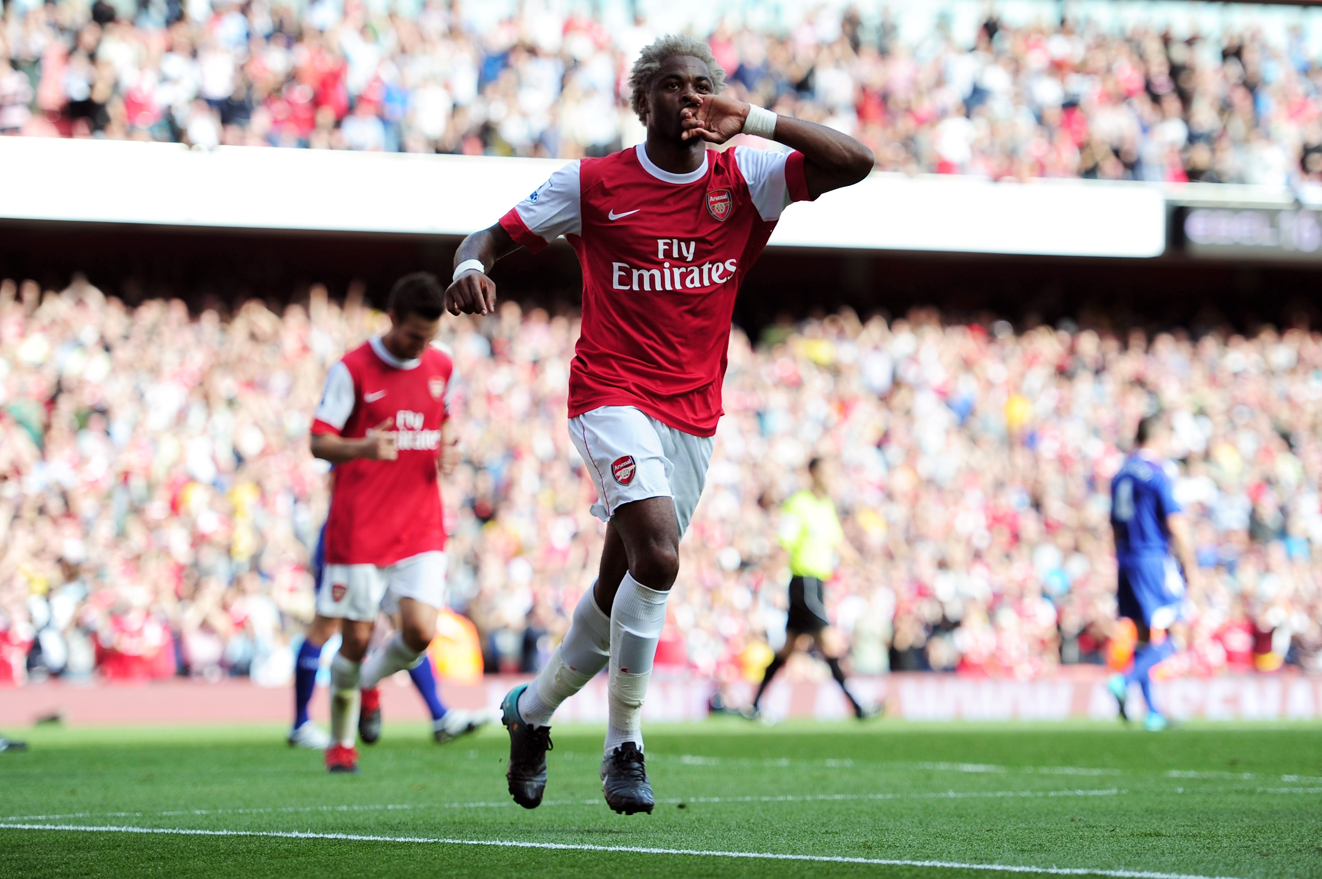 LONDON, ENGLAND - SEPTEMBER 11:  Alex Song of Arsenal celebrates after he scores his teams third goal during the Barclays Premier League match between Arsenal and Bolton Wanderers at The Emirates Stadium on September 11, 2010 in London, England.  (Photo b