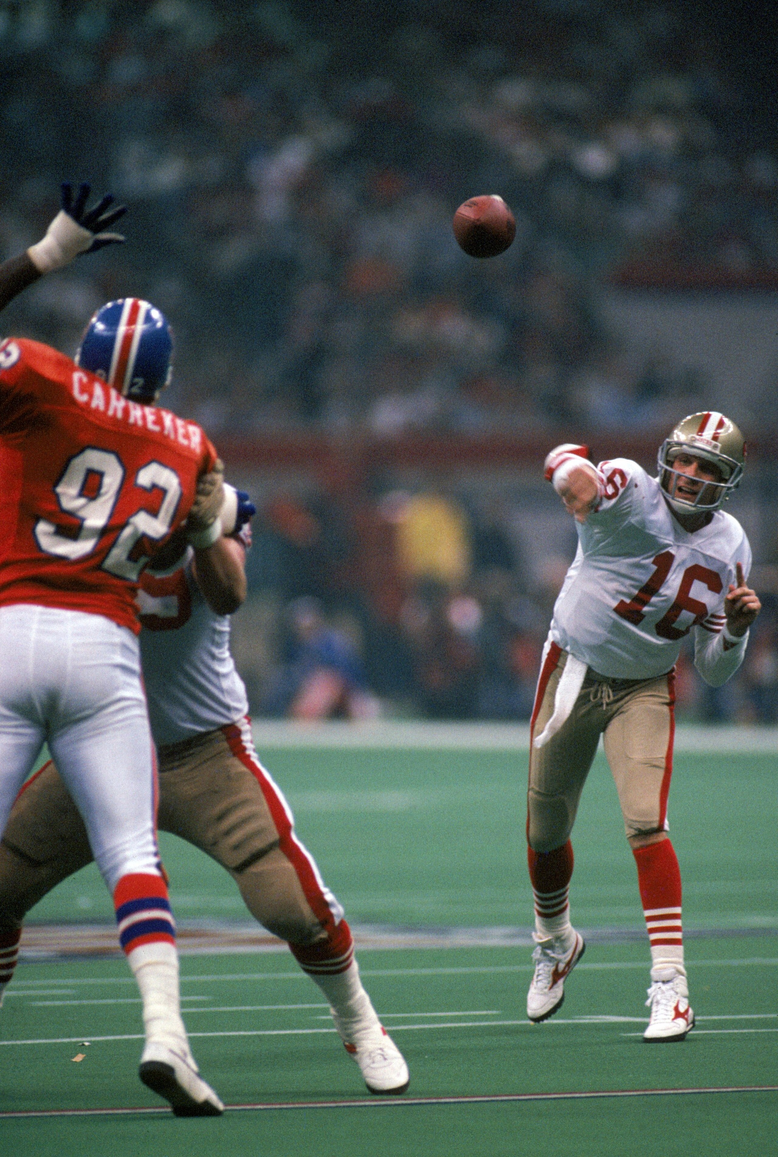 NEW ORLEANS - JANUARY 28:  Quarterback Joe Montana #16 of the San Francisco 49ers fires an incomplete pass towards Mike Wilson in the third quarter in Super Bowl XXIV against the Denver Broncos at Louisiana Superdome on January 28, 1990 in New Orleans, Lo