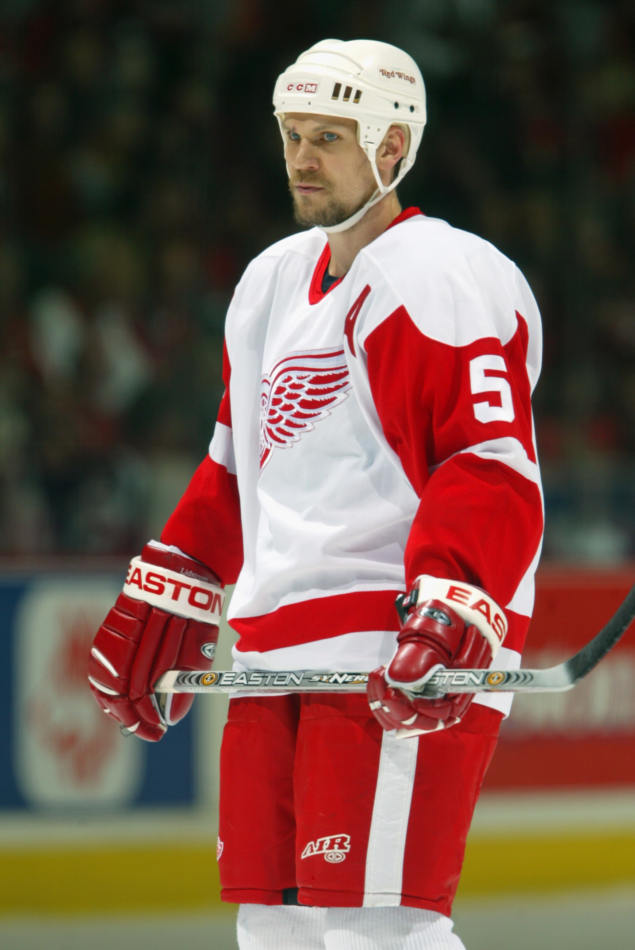 CALGARY - MAY 3:  Nicklas Lidstrom #5 of the Detroit Red Wings looks on during Game 6, Round 2 of the NHL Western Conference Semifinals against the Calgary Flames at the Pengrowth Saddledome on May 3, 2004 in Calgary, Canada. The Flames defeated Detroit 1