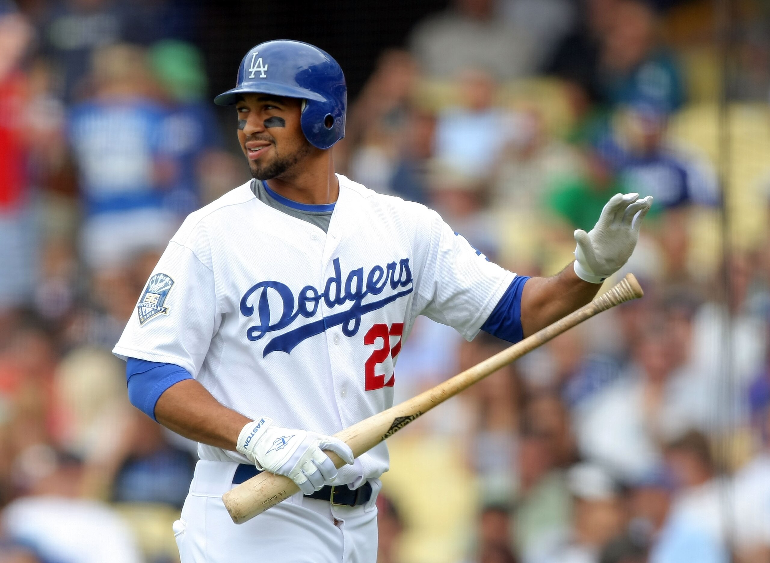 LOS ANGELES, CA - JUNE 04:  Matt Kemp #27 of the Los Angeles Dodgers reacts to his second strikeout of the game against the Colorado Rockies during the fourth inning at Dodger Stadium on June 4, 2008 in Los Angeles, California.  (Photo by Harry How/Getty